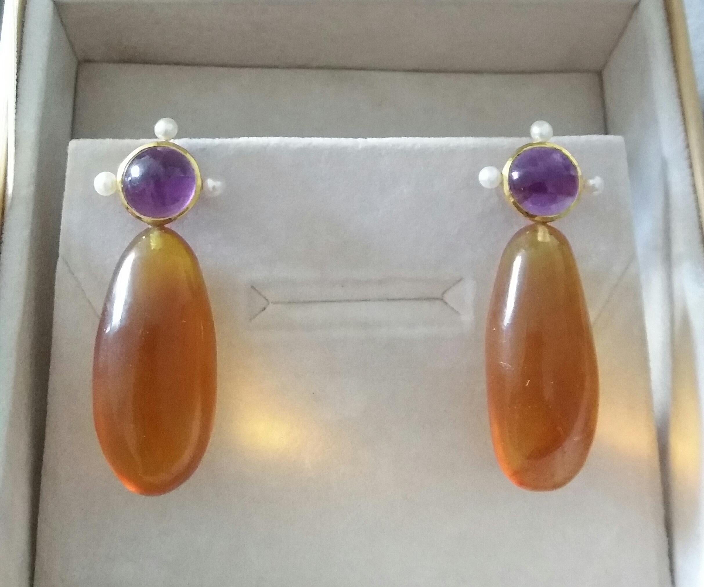 Natural Burmese Honey Color Amber Amethyst Pearls 14K Yellow Gold Drop Earrings For Sale 1