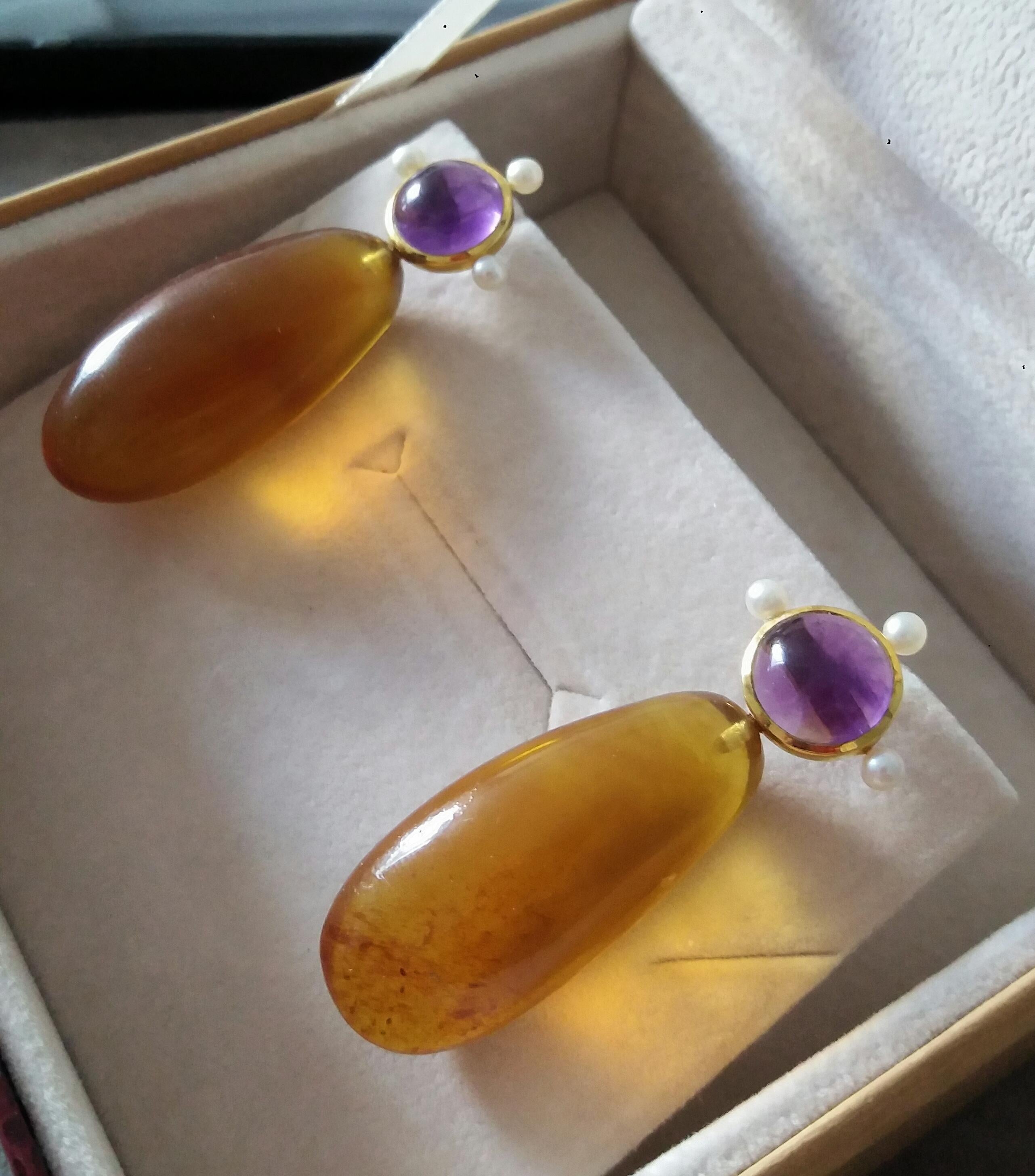 Natural Burmese Honey Color Amber Amethyst Pearls 14K Yellow Gold Drop Earrings For Sale 2