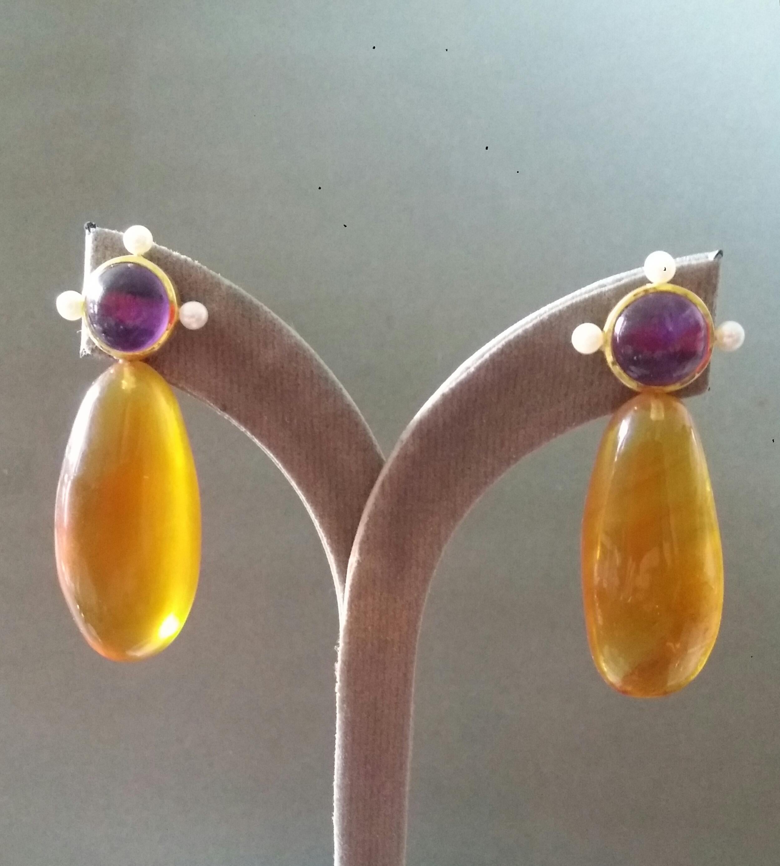 Natural Burmese Honey Color Amber Amethyst Pearls 14K Yellow Gold Drop Earrings For Sale 3