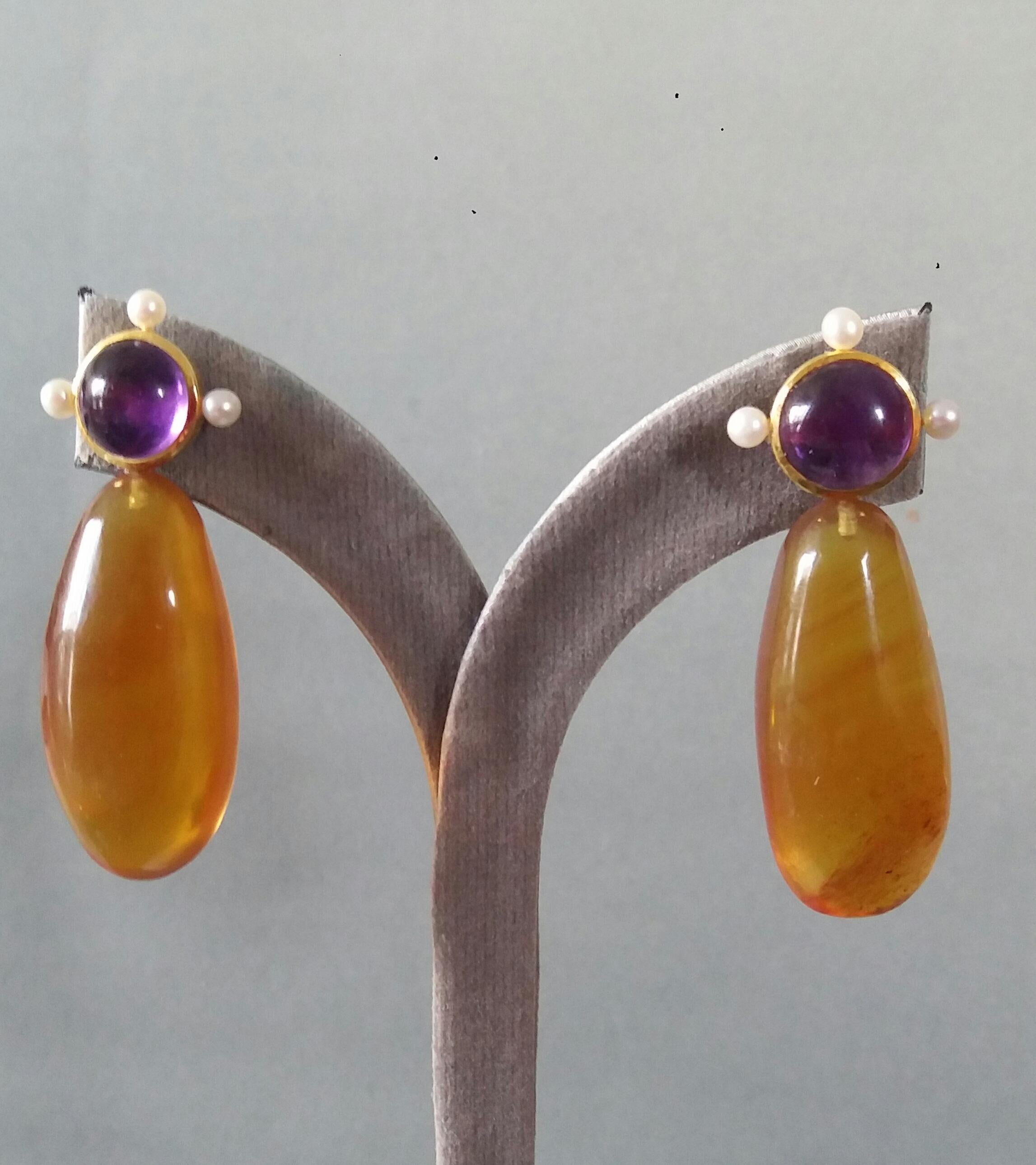 Natural Burmese Honey Color Amber Amethyst Pearls 14K Yellow Gold Drop Earrings For Sale 4