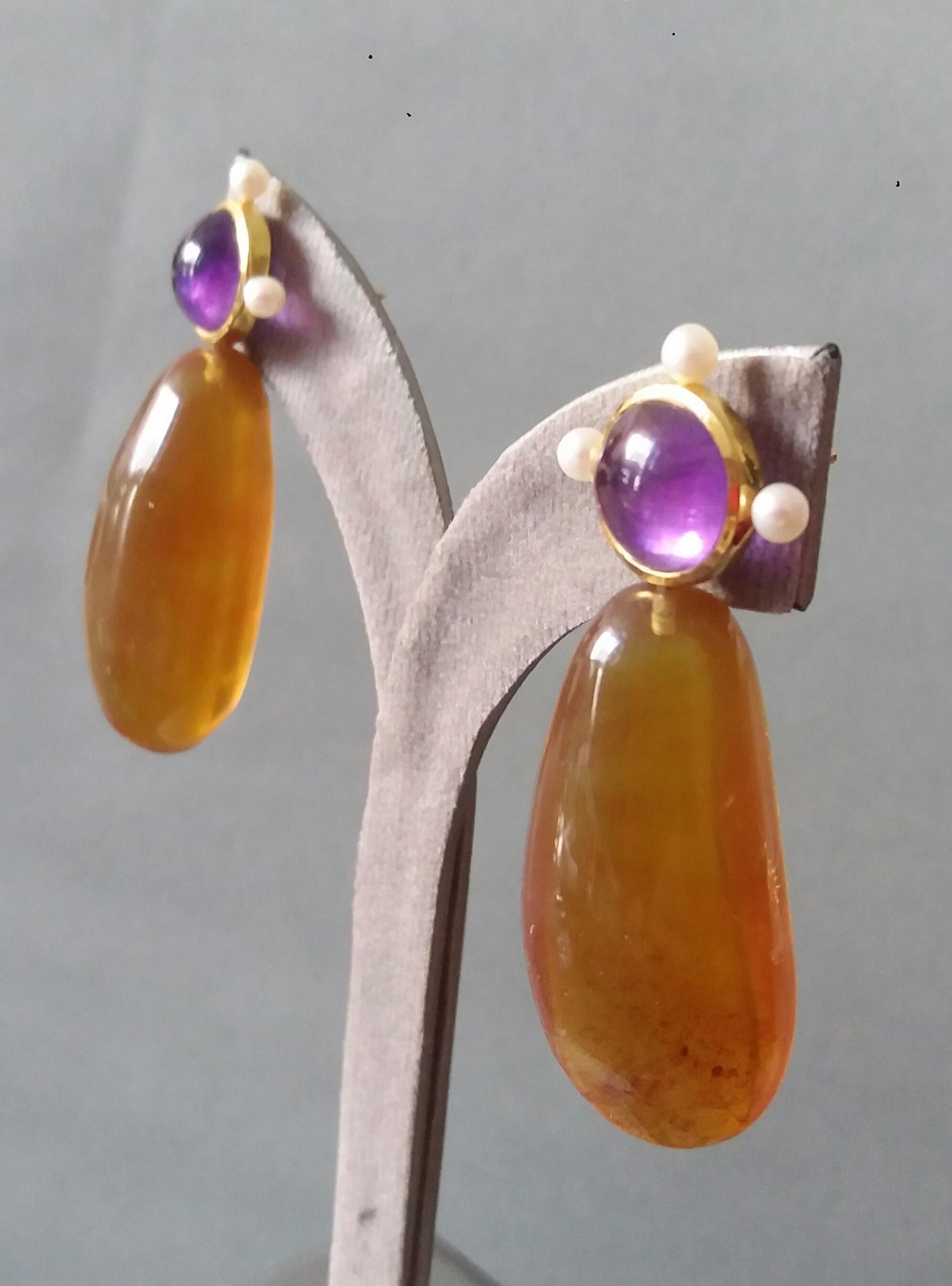 Natural Burmese Honey Color Amber Amethyst Pearls 14K Yellow Gold Drop Earrings For Sale 6