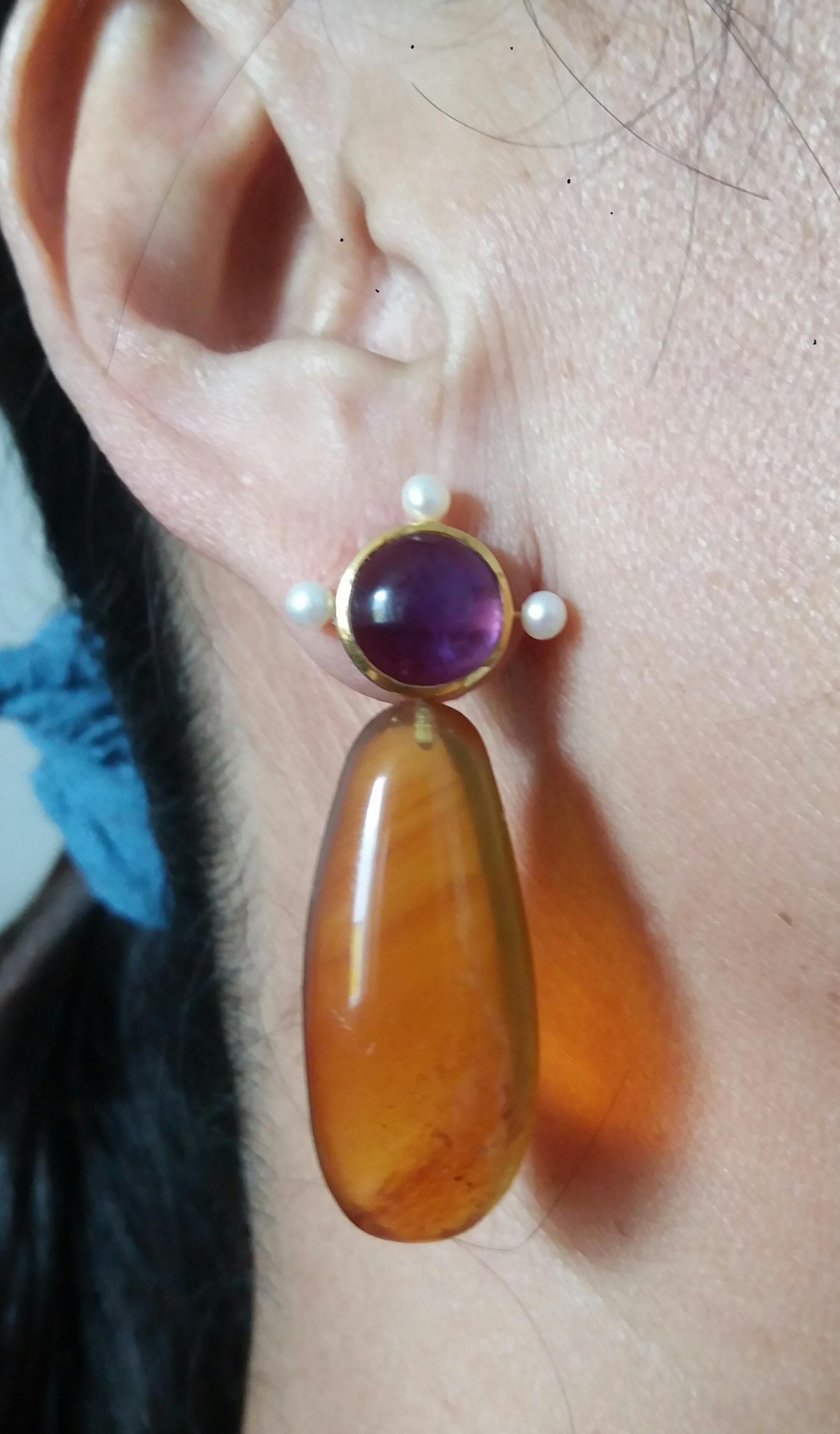 Natural Burmese Honey Color Amber Amethyst Pearls 14K Yellow Gold Drop Earrings For Sale 7