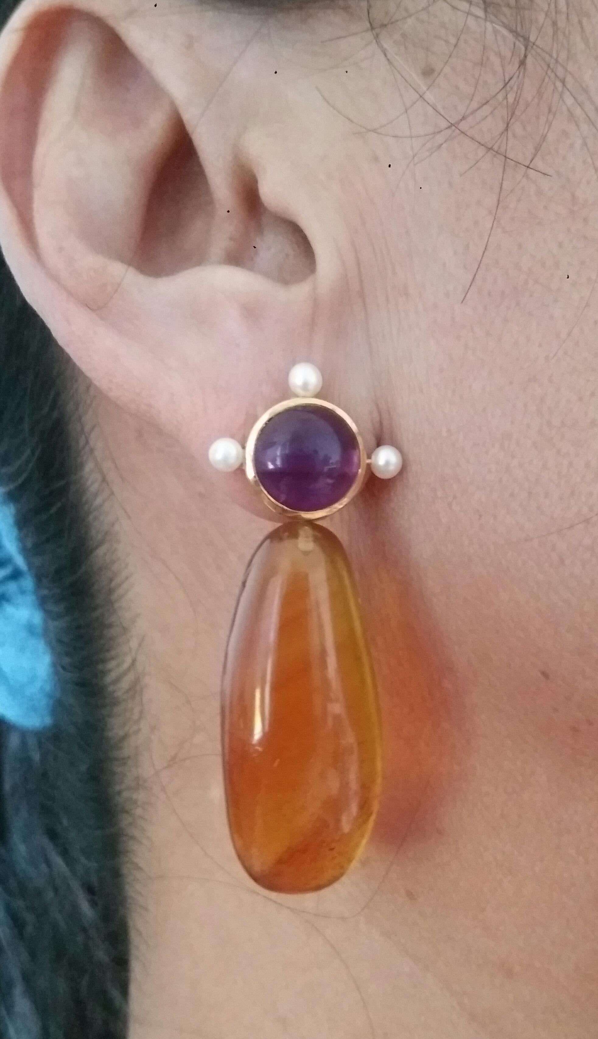 Natural Burmese Honey Color Amber Amethyst Pearls 14K Yellow Gold Drop Earrings For Sale 8