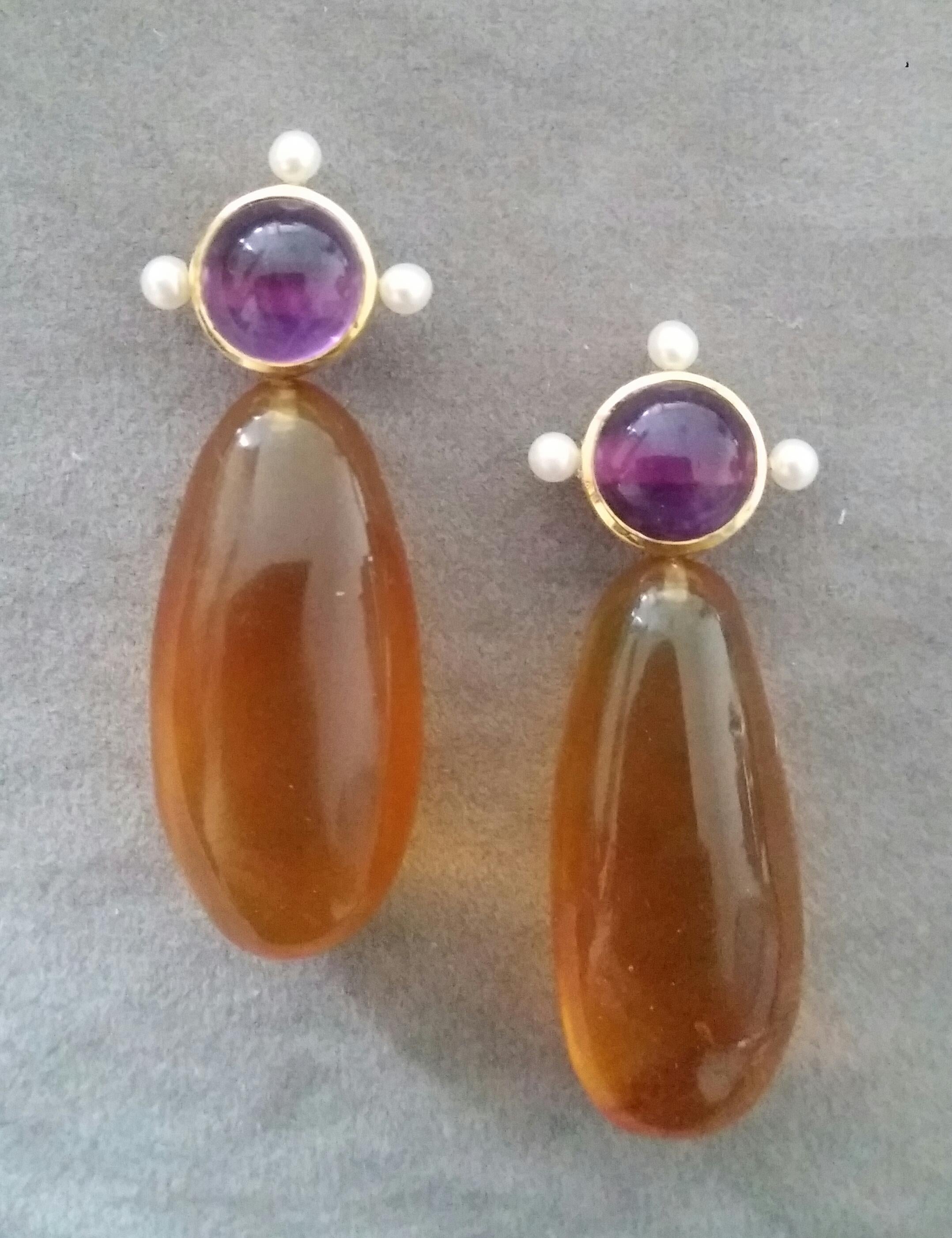 Pendants d'oreilles en or jaune 14 carats avec perles d'améthyste naturelle de couleur miel de Birmanie Bon état - En vente à Bangkok, TH