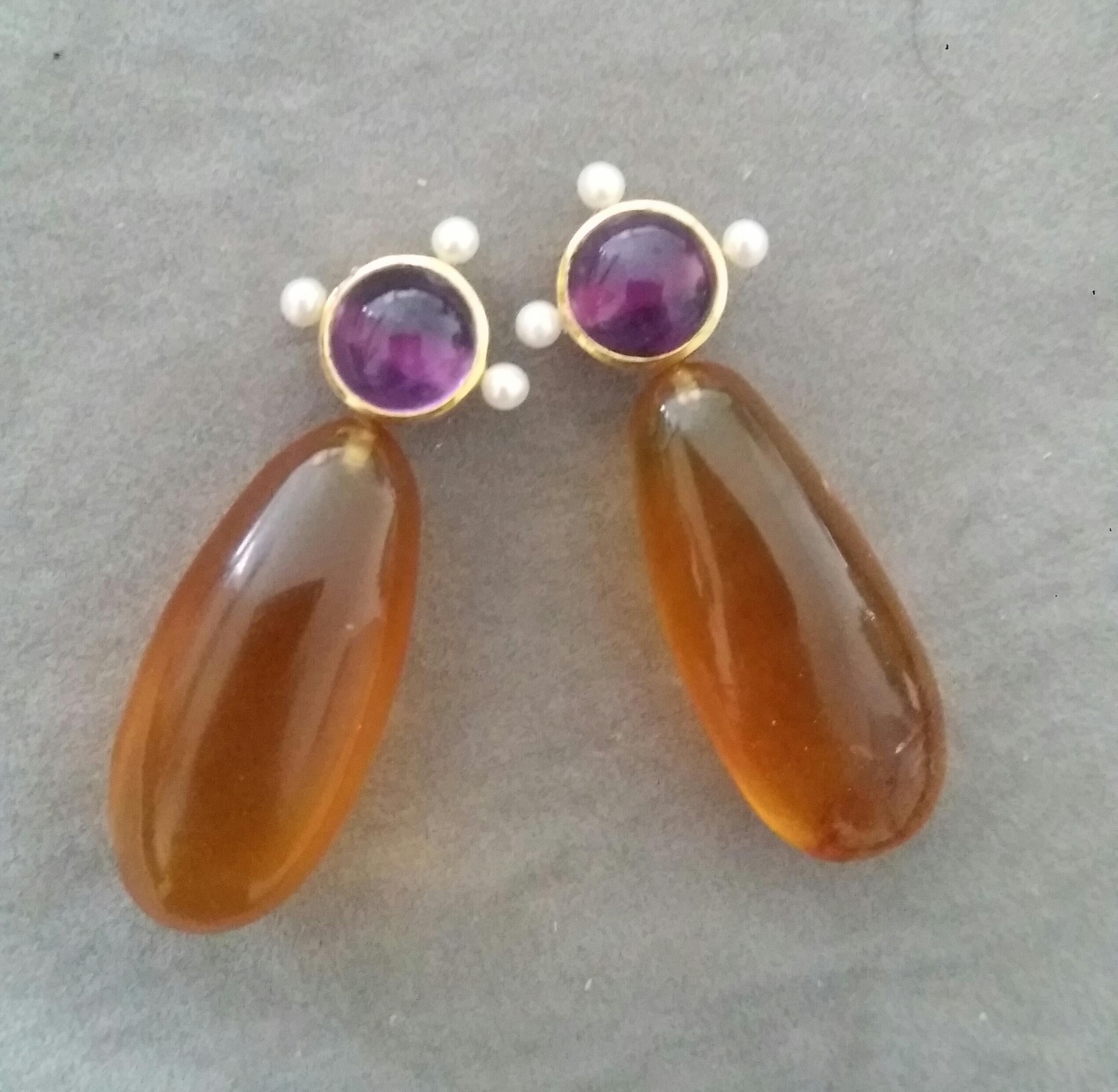 Contemporary Natural Burmese Honey Color Amber Amethyst Pearls 14K Yellow Gold Drop Earrings For Sale