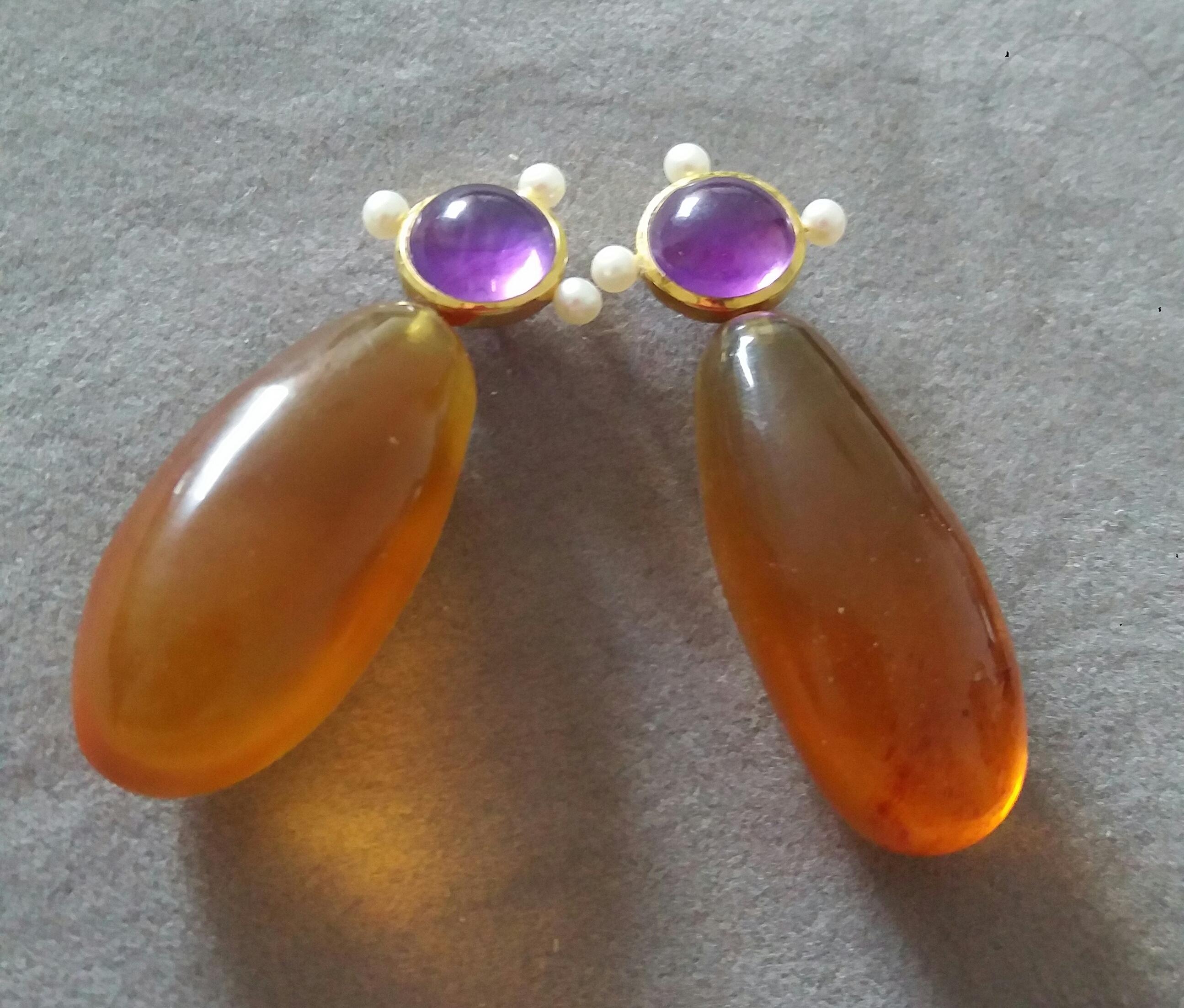 Mixed Cut Natural Burmese Honey Color Amber Amethyst Pearls 14K Yellow Gold Drop Earrings For Sale