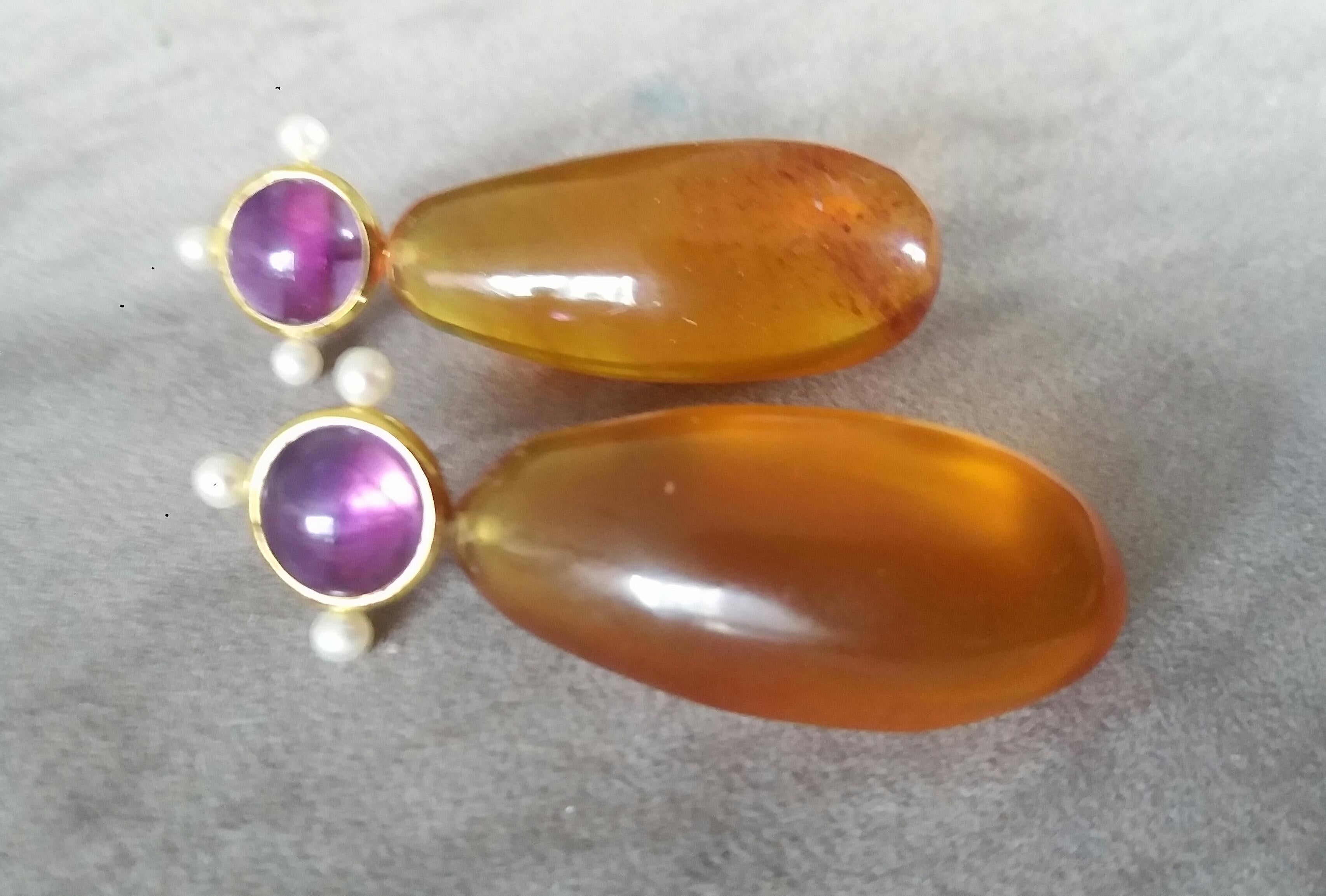 Natural Burmese Honey Color Amber Amethyst Pearls 14K Yellow Gold Drop Earrings In Good Condition For Sale In Bangkok, TH