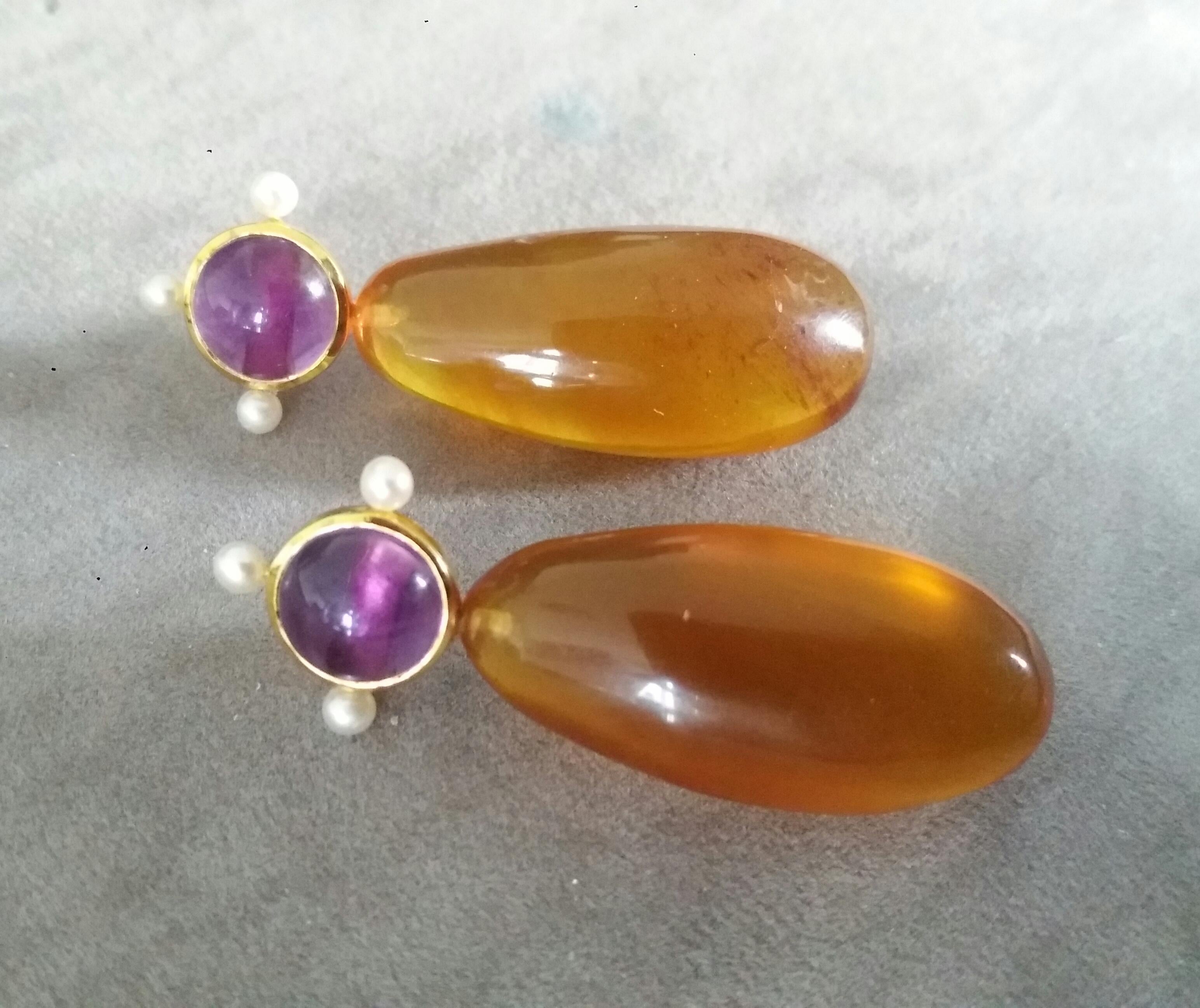 Women's Natural Burmese Honey Color Amber Amethyst Pearls 14K Yellow Gold Drop Earrings For Sale