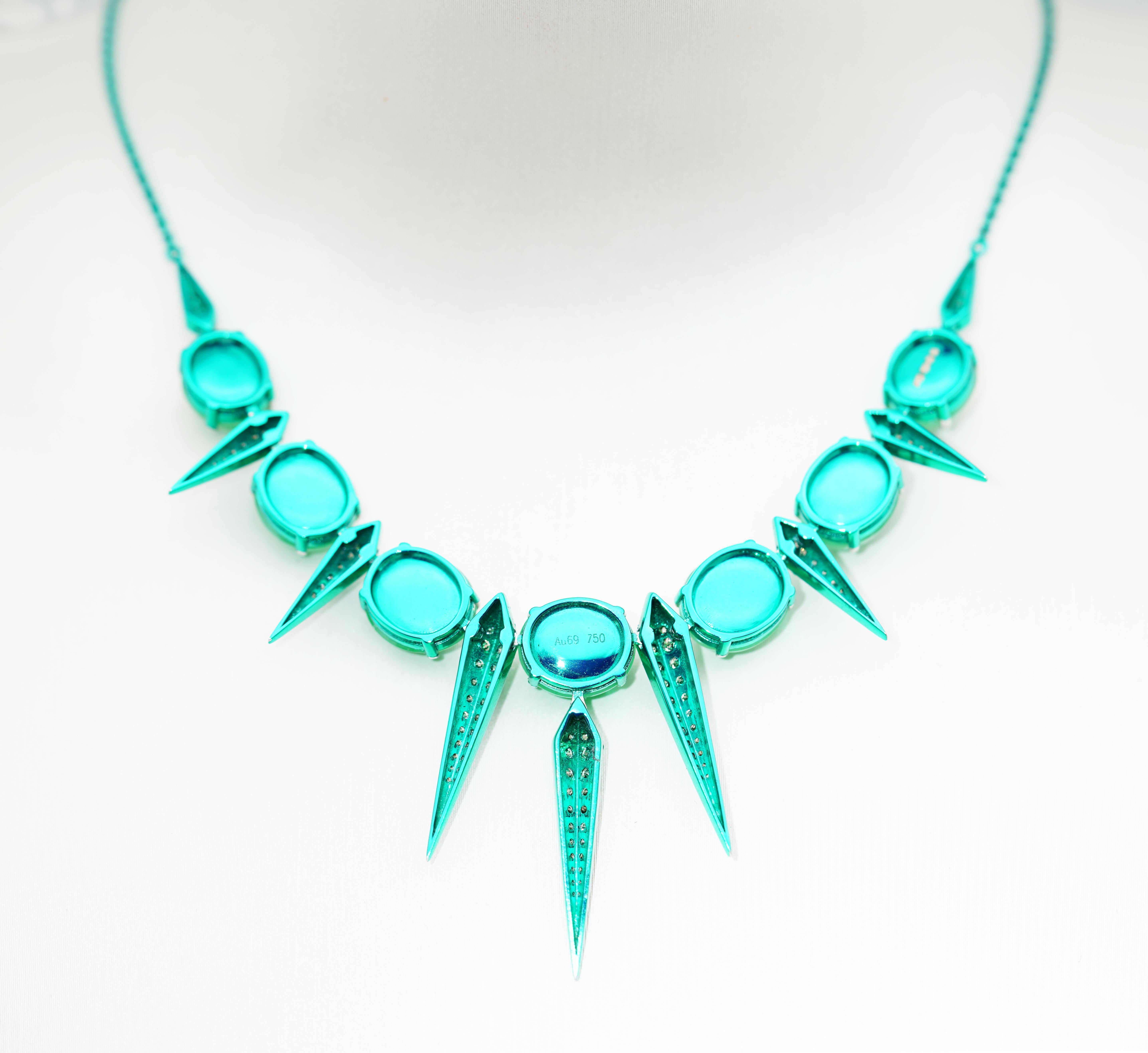 This vibrant and stylish 18K Gold Necklace from the Jade Dynasty Collection by Austy Lee is composed of Natural Burmese Green Jadeites (Type A) and Diamonds on green-colored plated 18K White Gold. This timeless piece is suitable for daily wear, and