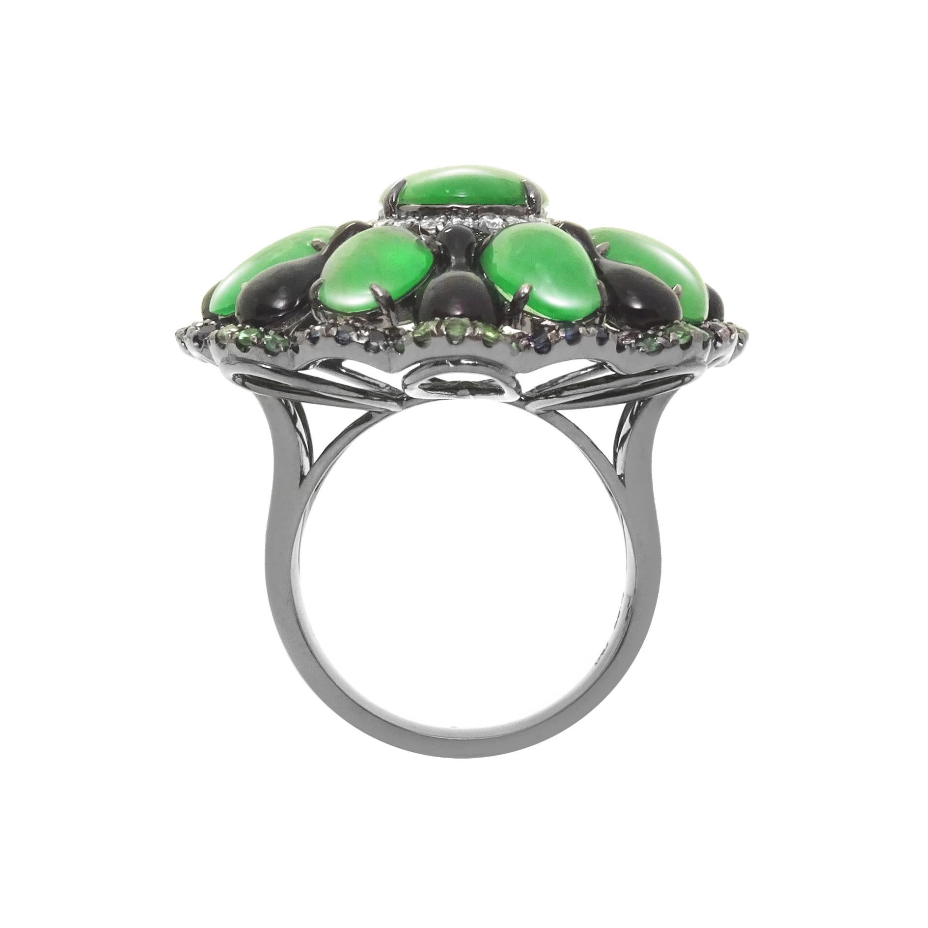 The Yubi of Sky Circuit Ring from 'The Jade Dynasty Collection' by Austy Lee. Austy was inspired to create the  collection through his reverence for jade's place in Asian culture. By incorporating jadeite with different elements and colour forms,