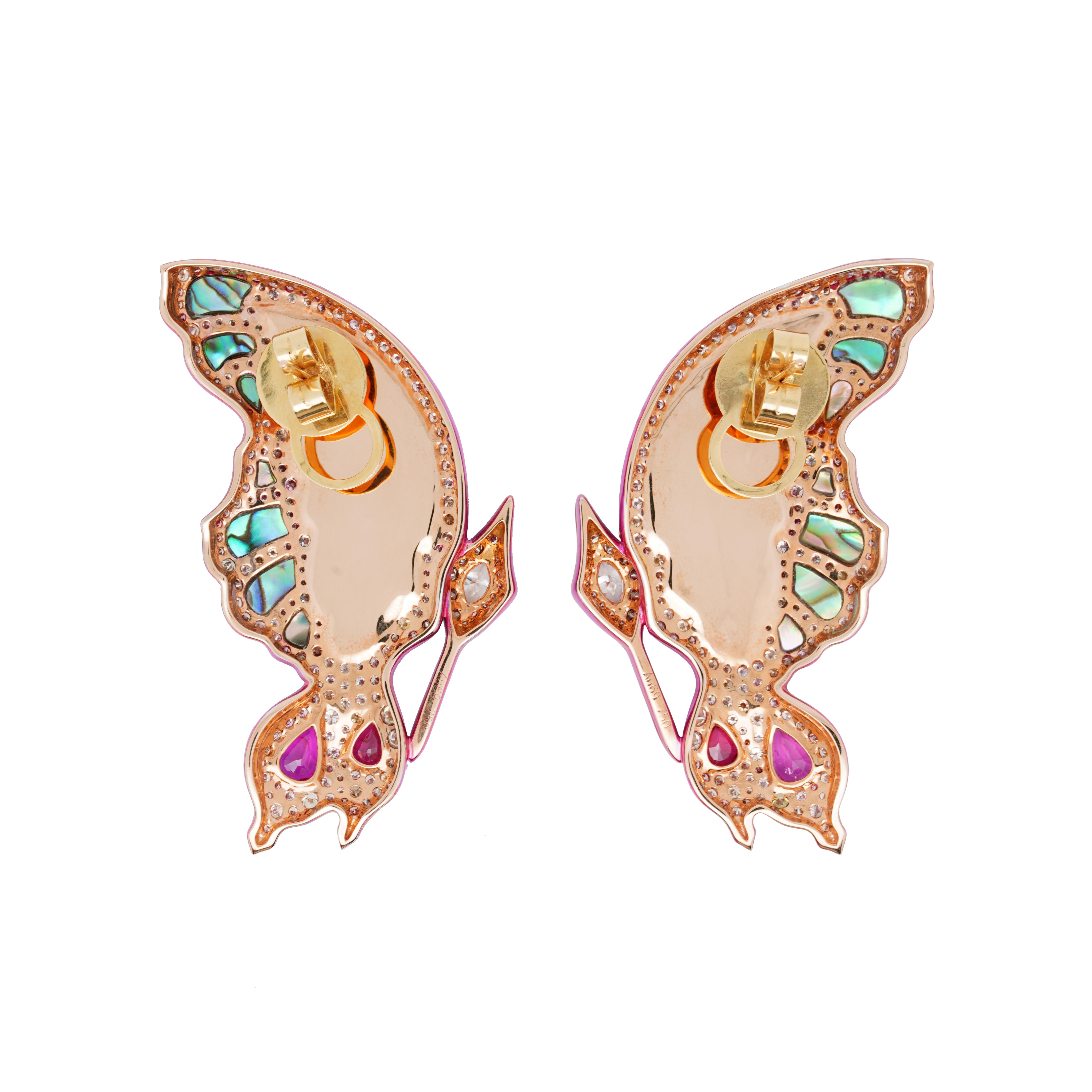 The Swallowtail Butterfly Earrings from 'The Chloris' Yard Collection' by Austy Lee. This magnificent, unique pair of earrings is composed of Burmese Type A (Natural) Jadeites, Mozambican unheated Rubies, Fancy Color Diamonds and White Diamonds,