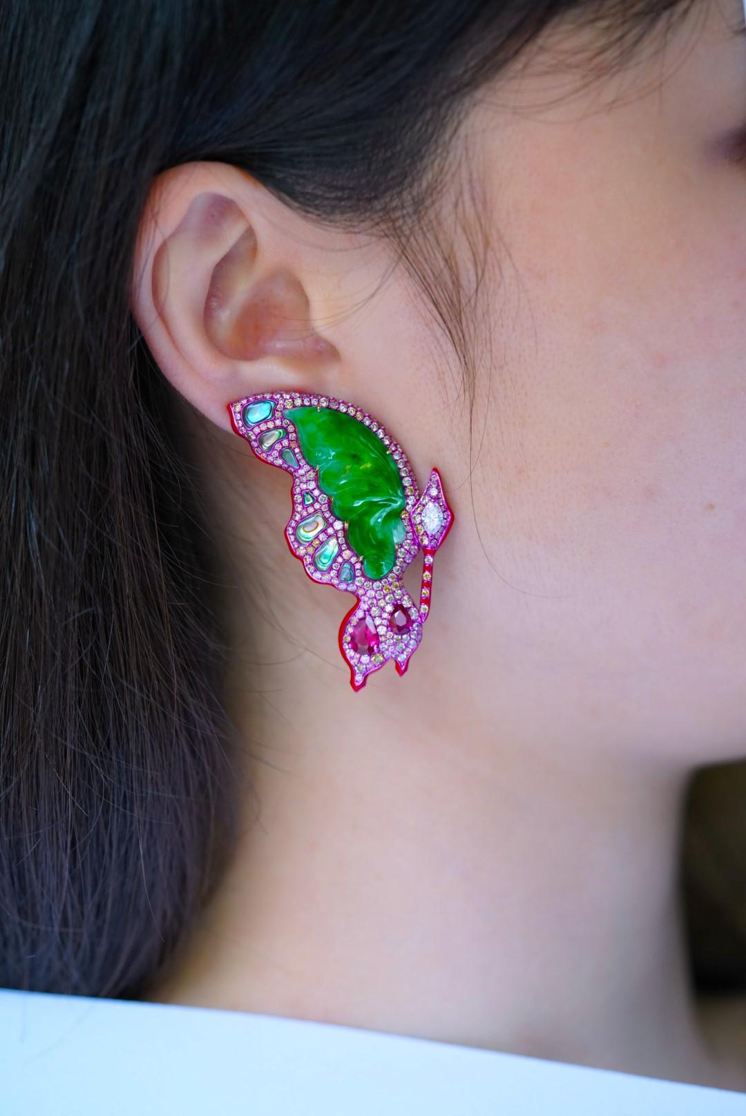 Mixed Cut Natural Burmese Jadeite, Unheated Ruby, Diamond Earrings, 18K Gold, Austy Lee