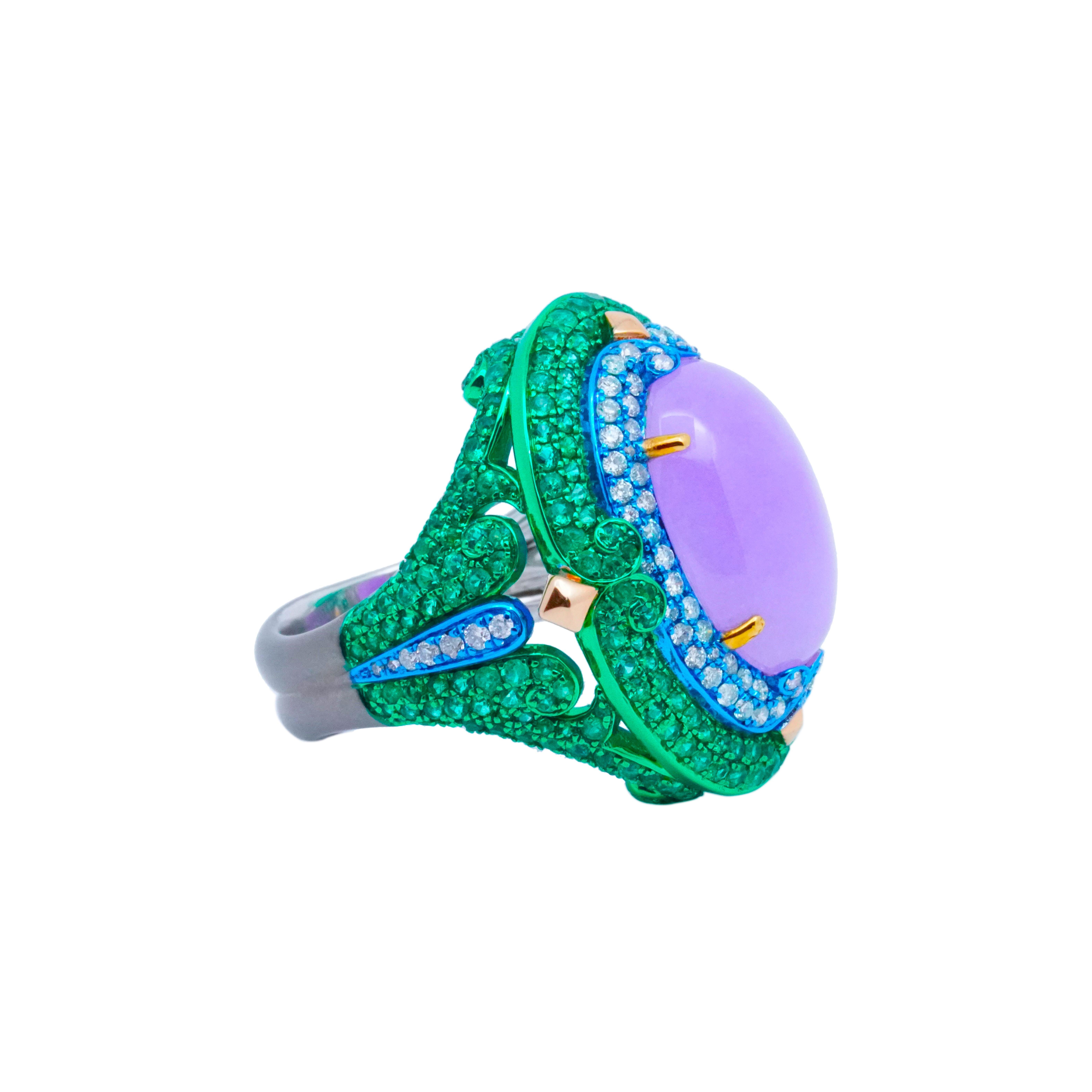 This stunning one-of-a-kind timeless piece from Austy Lee's collection features a breathtaking Burmese Type-A Purple Jade as the central focus. This exceptional gemstone displays a vivid purple hue and a fine, high-quality texture that captivates
