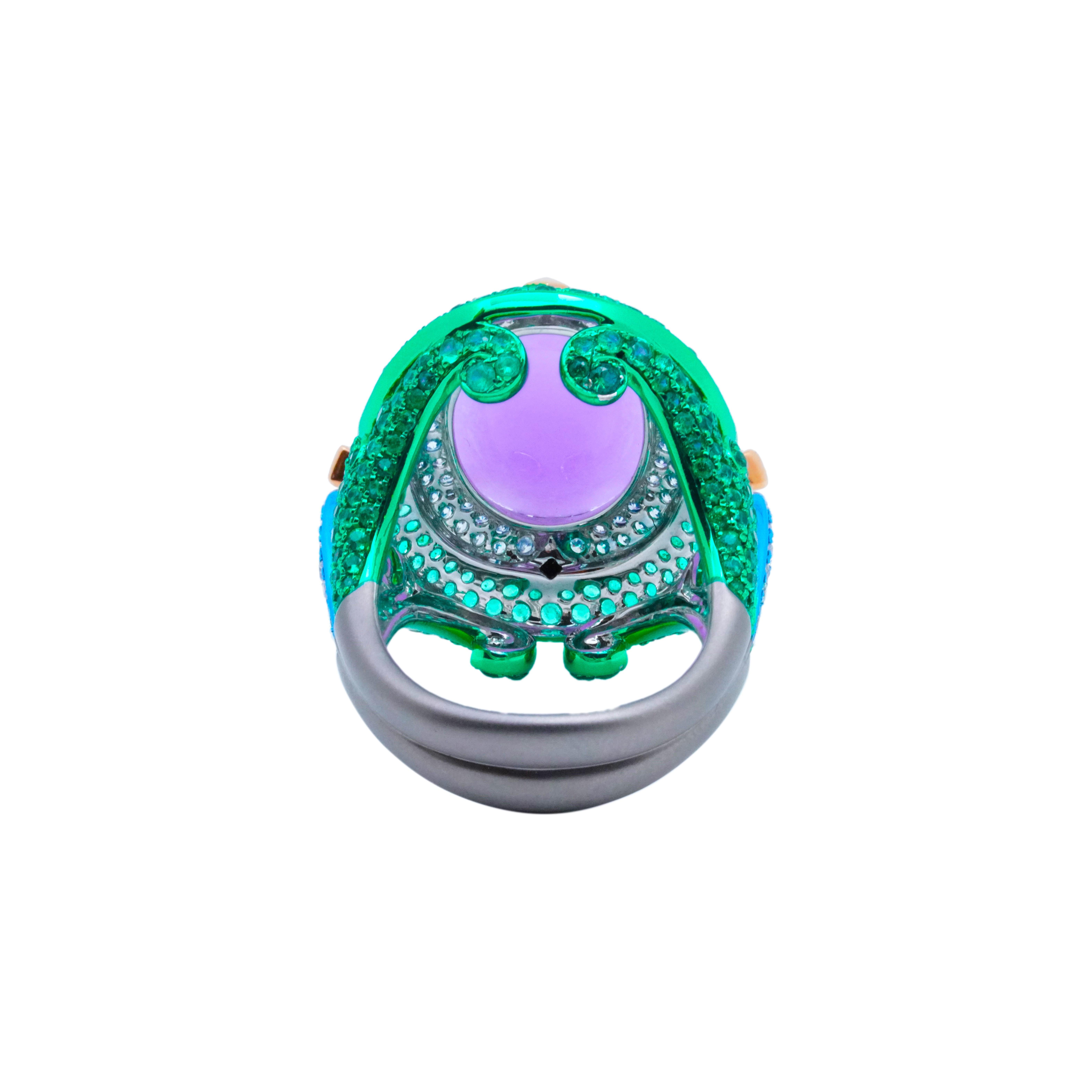 Mixed Cut Natural Burmese Purple Jade, Diamond & Emerald Ring, 18K Gold, Austy Lee For Sale