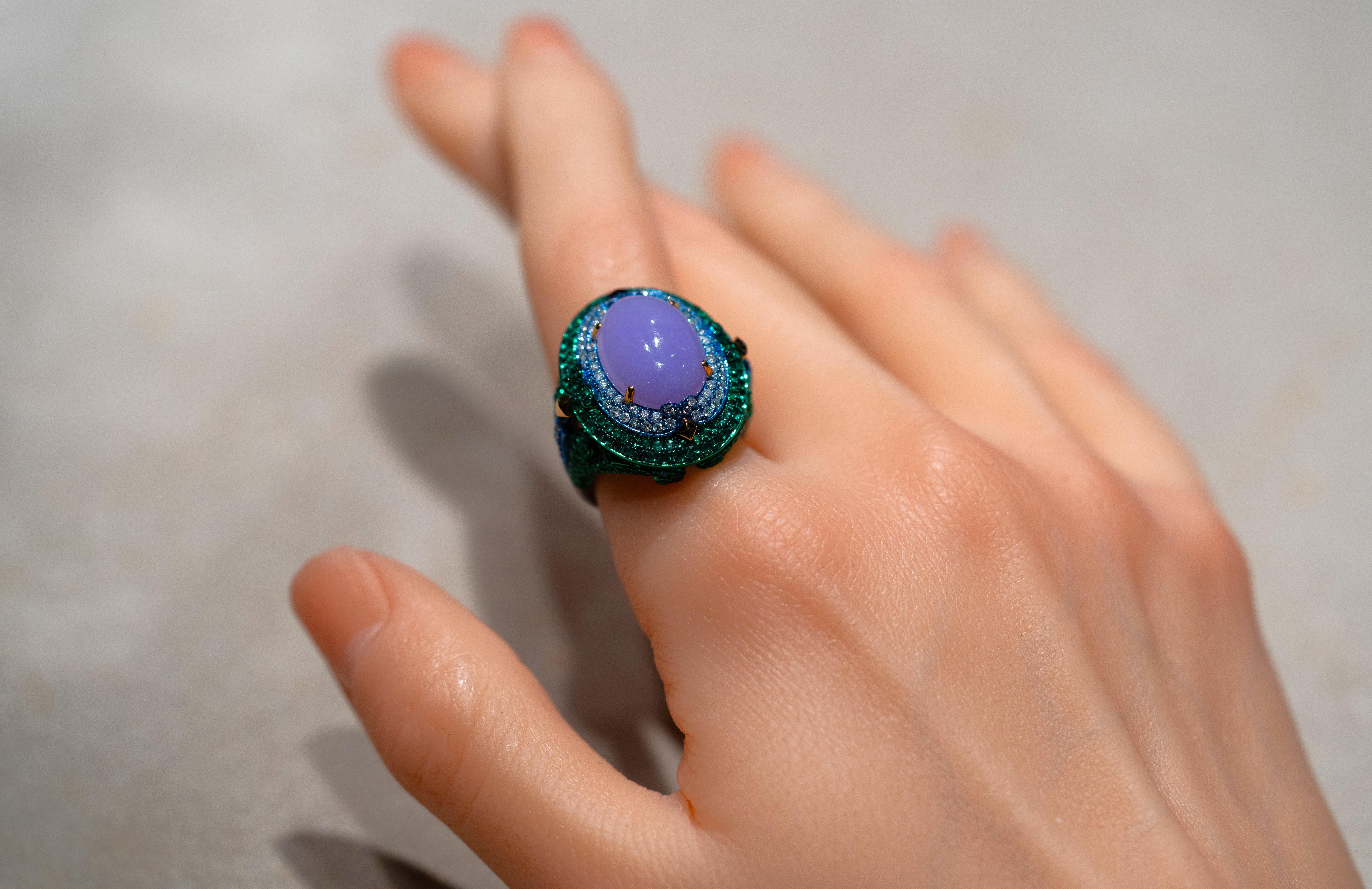 Natural Burmese Purple Jade, Diamond & Emerald Ring, 18K Gold, Austy Lee For Sale 1