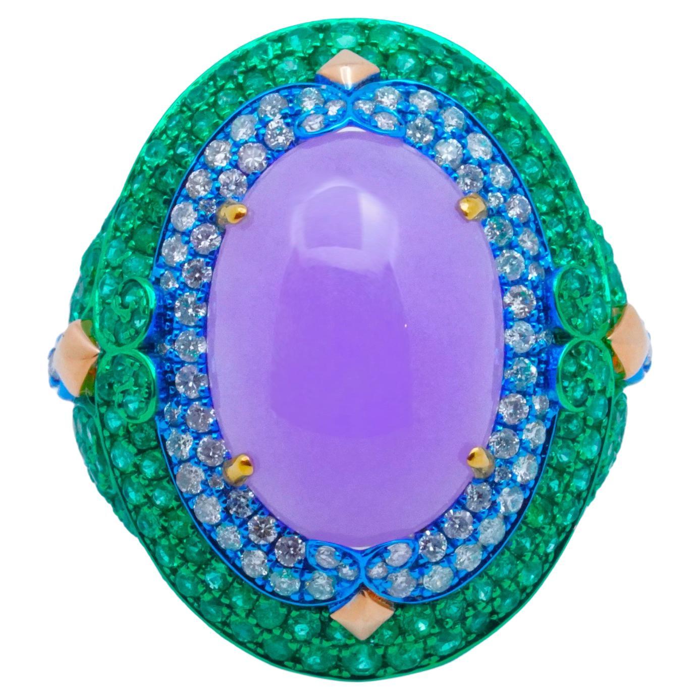 Natural Burmese Purple Jade, Diamond & Emerald Ring, 18K Gold, Austy Lee For Sale