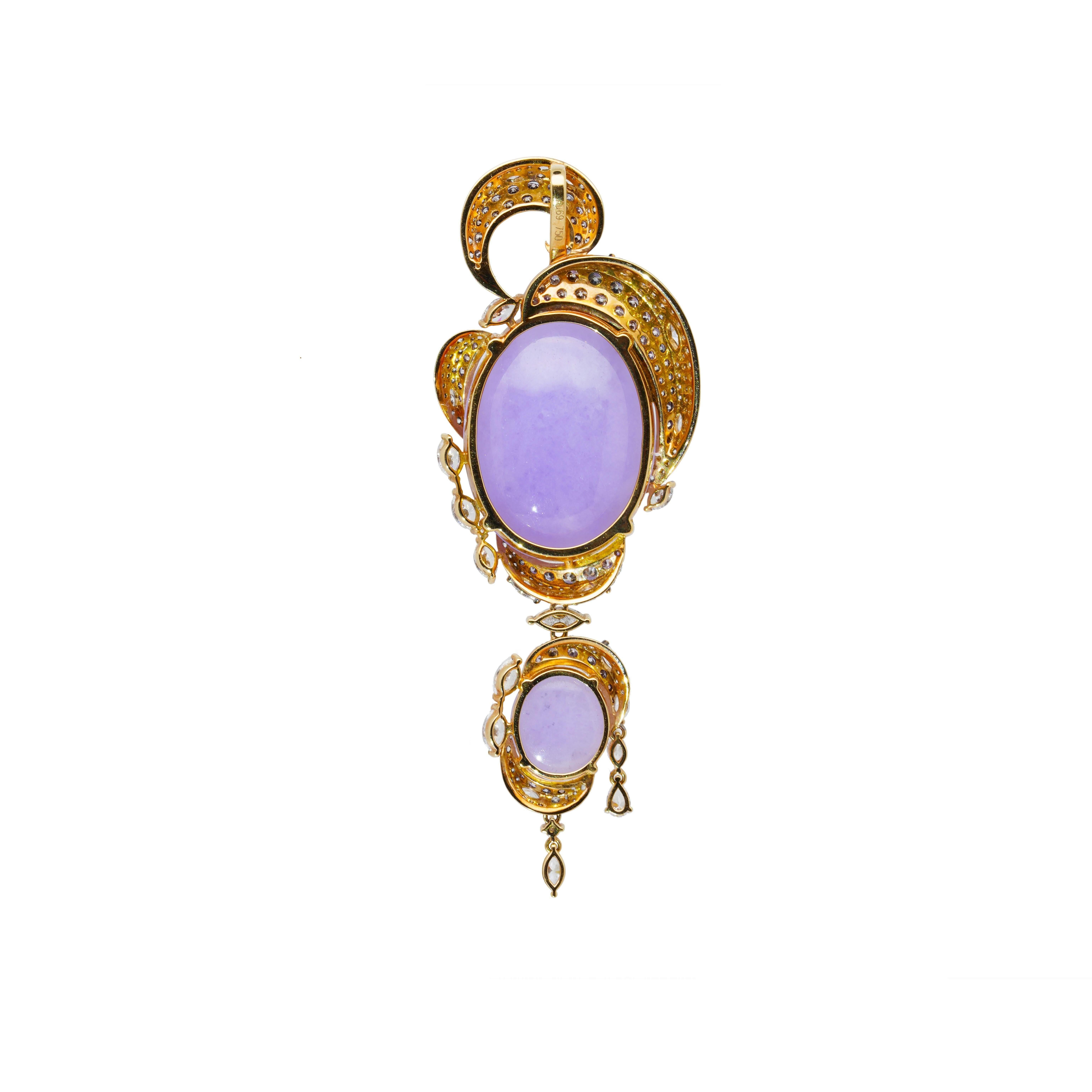 The Purplish Syzygy Pendant from 'The Garden of Myth Collection' by Austy Lee. This magnificent piece consists of Burmese Purple Jadeites (Type A), Pear-Shaped, Marquise-Cut and Round Brilliant-Cut Diamonds, set on purple color-plated 18K Yellow