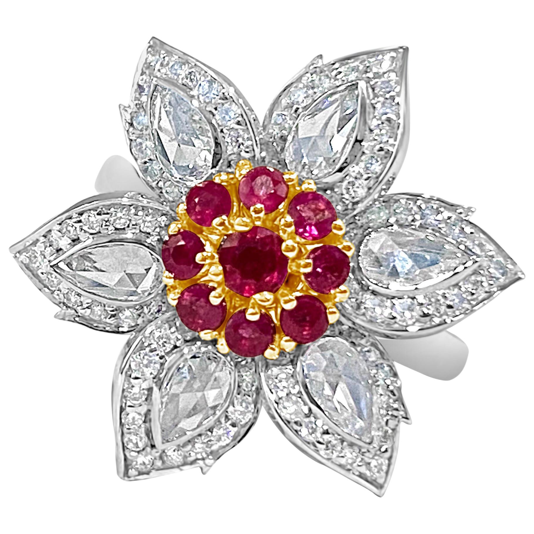 Natural Burmese Ruby and 1.27 Carat Rose Cut Diamond Ring, 18 Karat White Gold