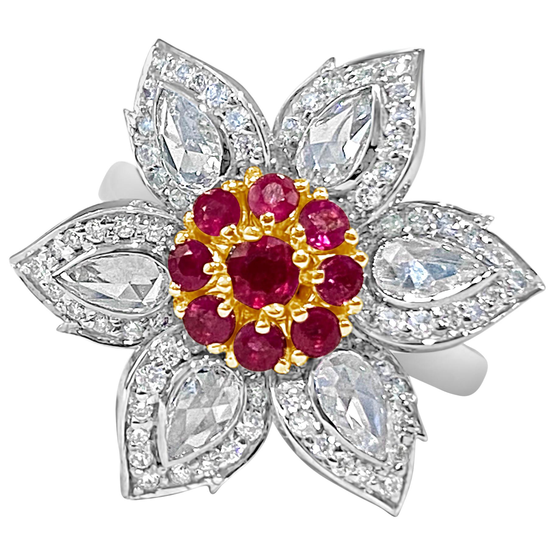 Natural Burmese Ruby and Rosecut Diamond Ring, 18 Karat White Gold