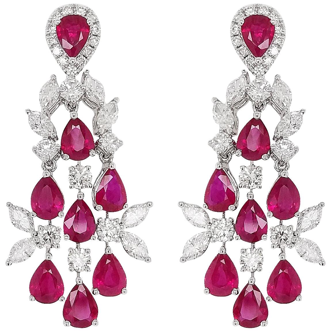 Natural Burmese Ruby White Diamond 18K White Gold Drop Earrings