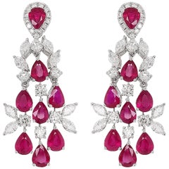 Natural Burmese Ruby White Diamond 18K White Gold Drop Earrings