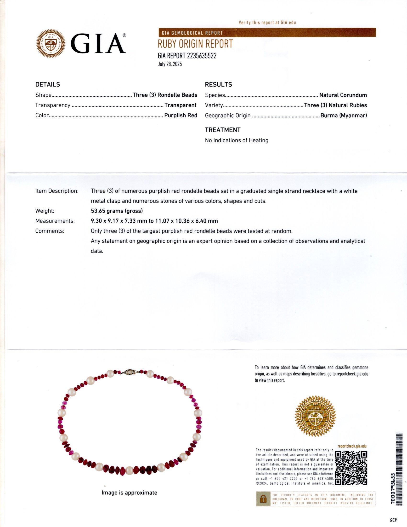 Natural Burmese Ruby Bead Pearl and Diamond Necklace For Sale 7