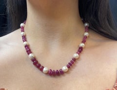 Natural Burmese Ruby Bead Pearl and Diamond Necklace