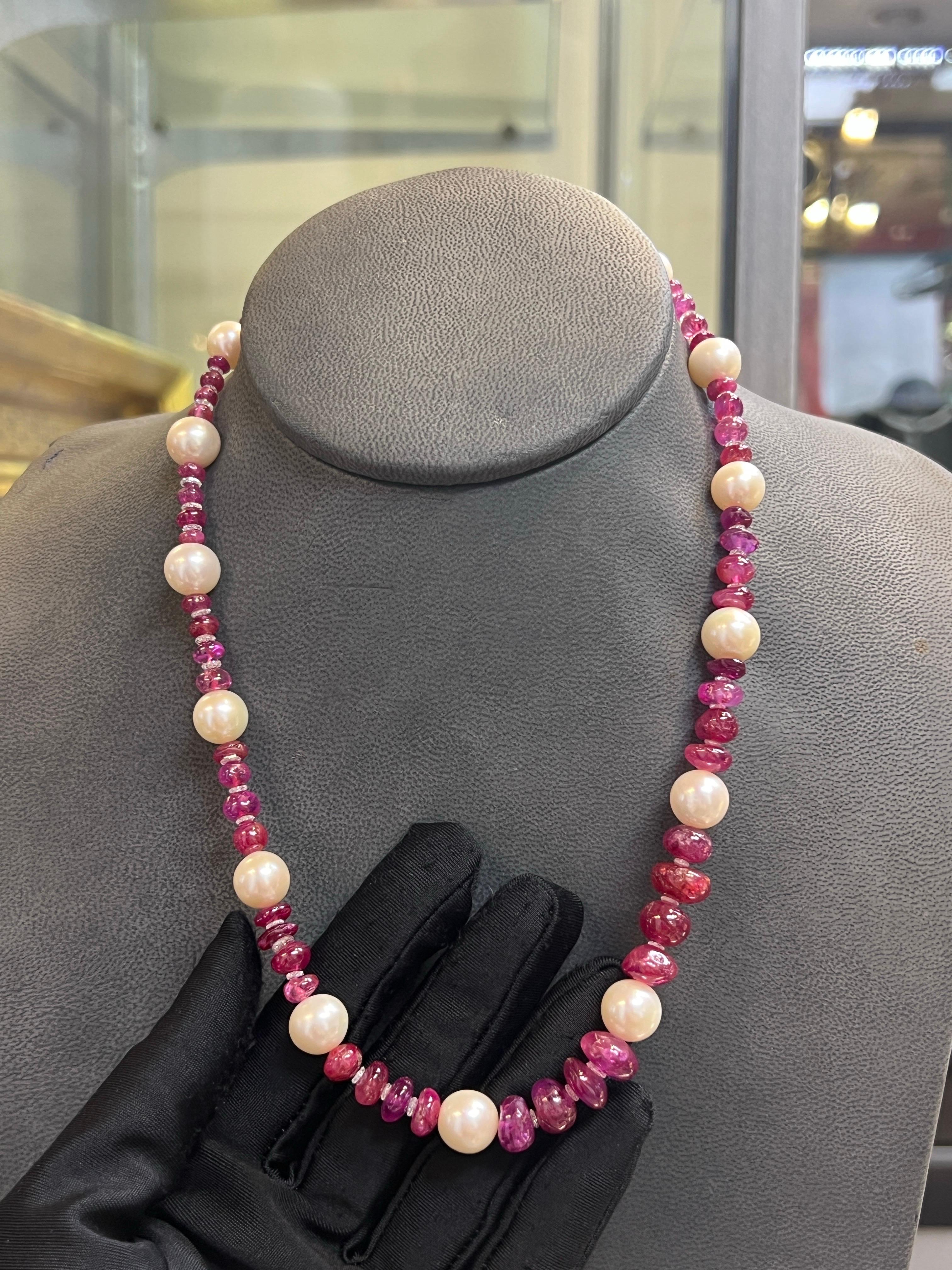 Natural Burmese Ruby Bead Pearl and Diamond Necklace In Excellent Condition For Sale In New York, NY