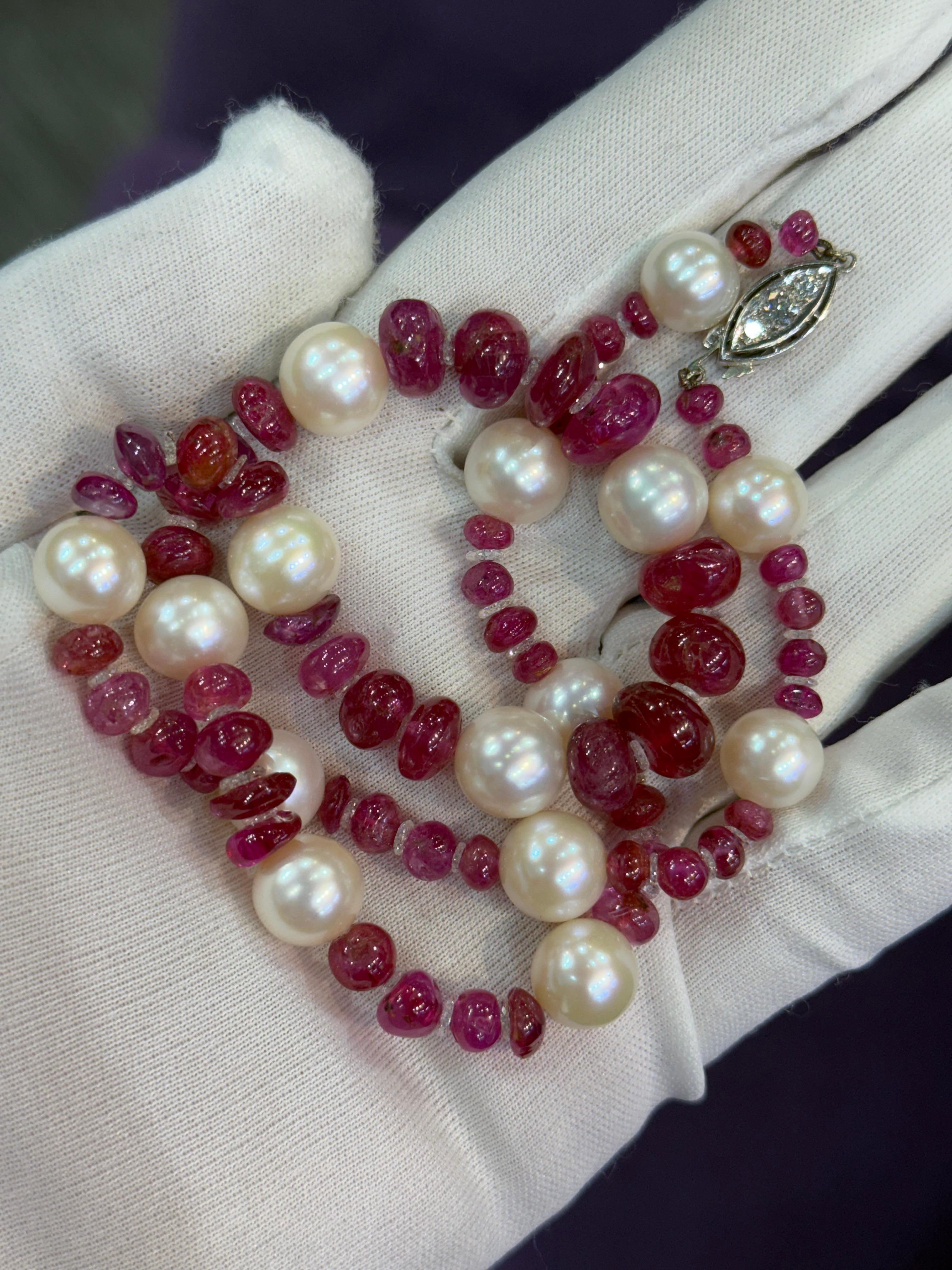 Women's Natural Burmese Ruby Bead Pearl and Diamond Necklace For Sale