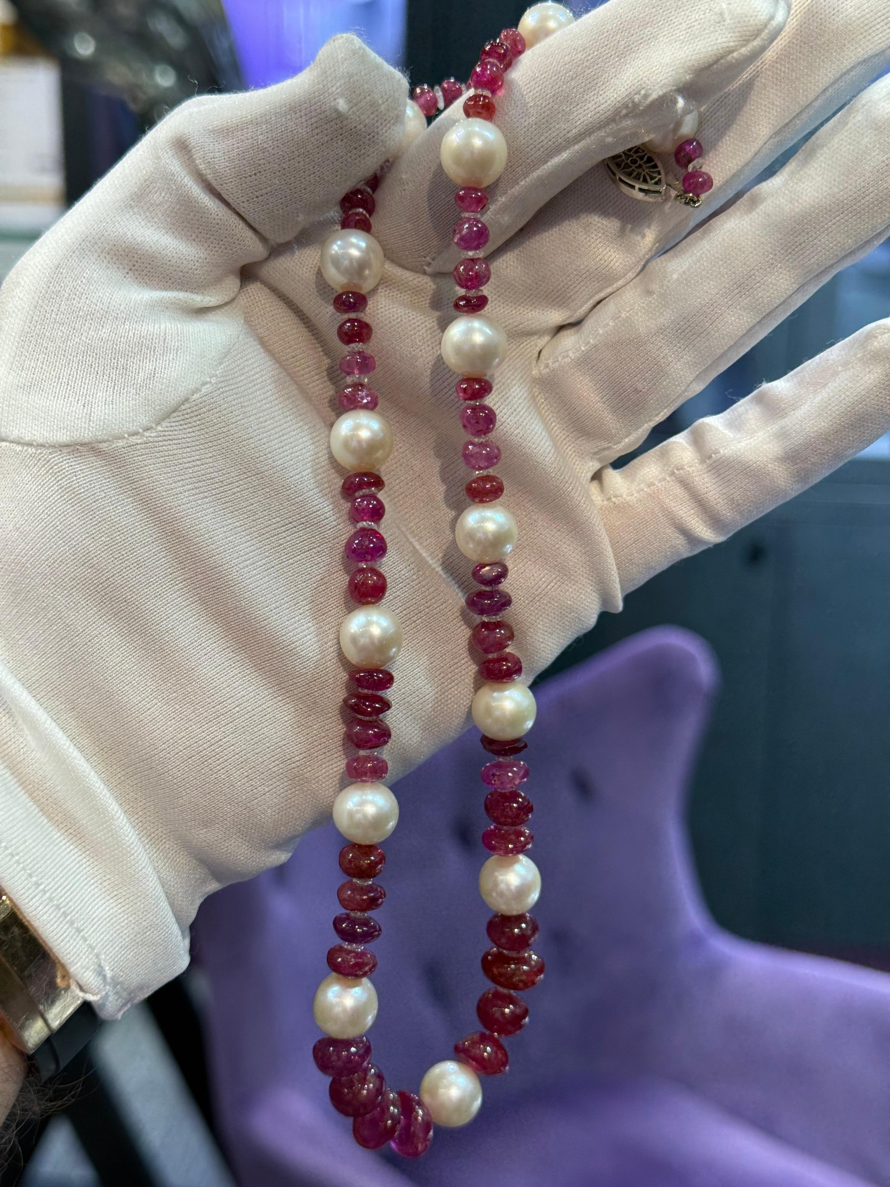 Natural Burmese Ruby Bead Pearl and Diamond Necklace For Sale 1