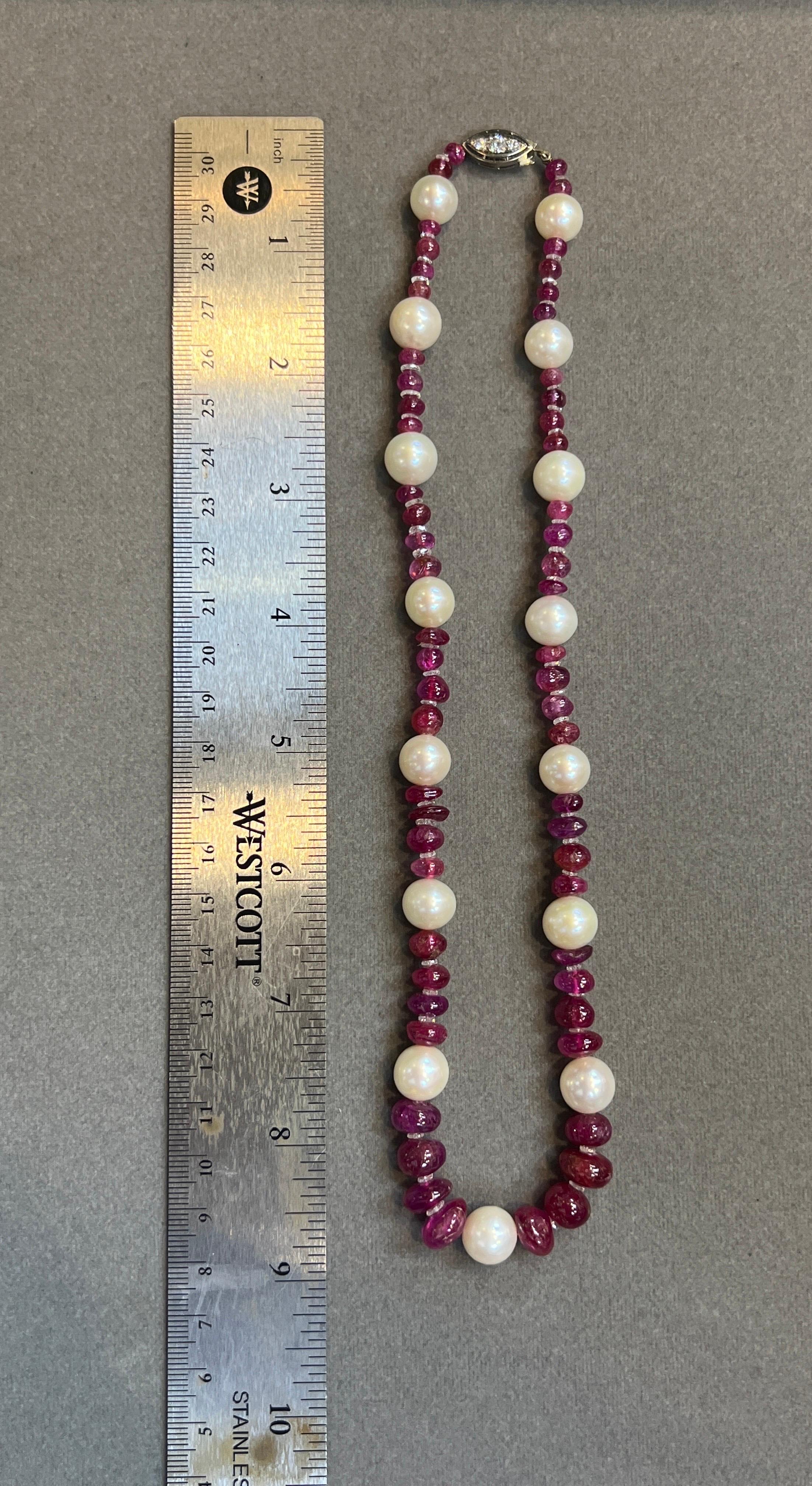 Natural Burmese Ruby Bead Pearl and Diamond Necklace For Sale 2