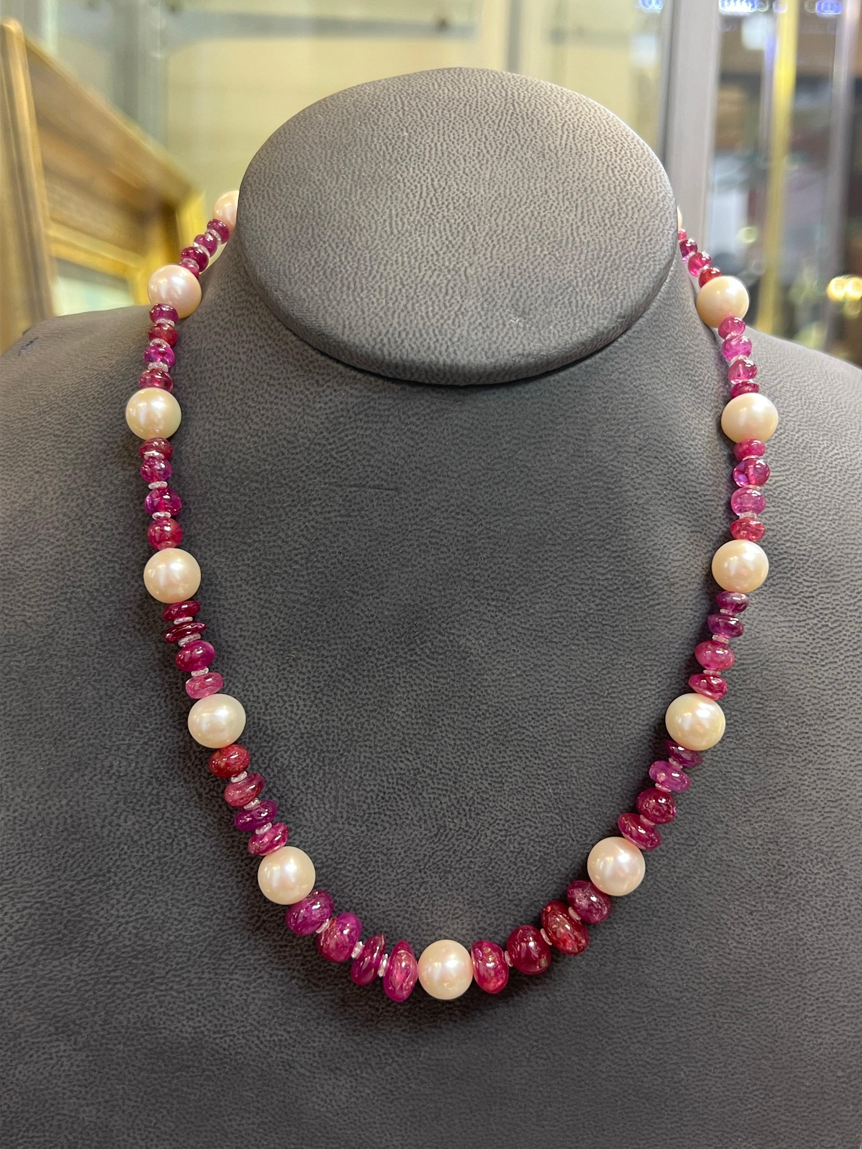 Natural Burmese Ruby Bead Pearl and Diamond Necklace For Sale 3