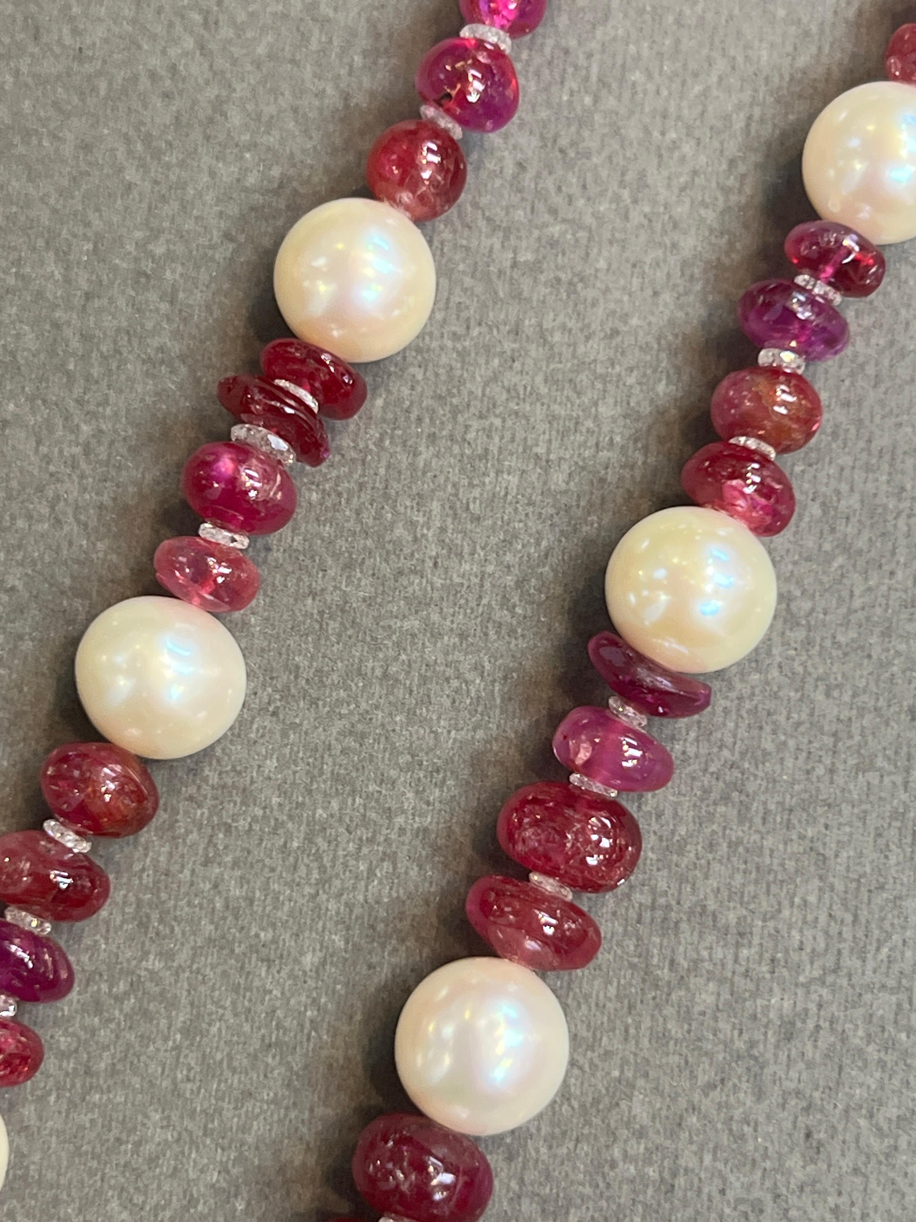 Natural Burmese Ruby Bead Pearl and Diamond Necklace For Sale 4