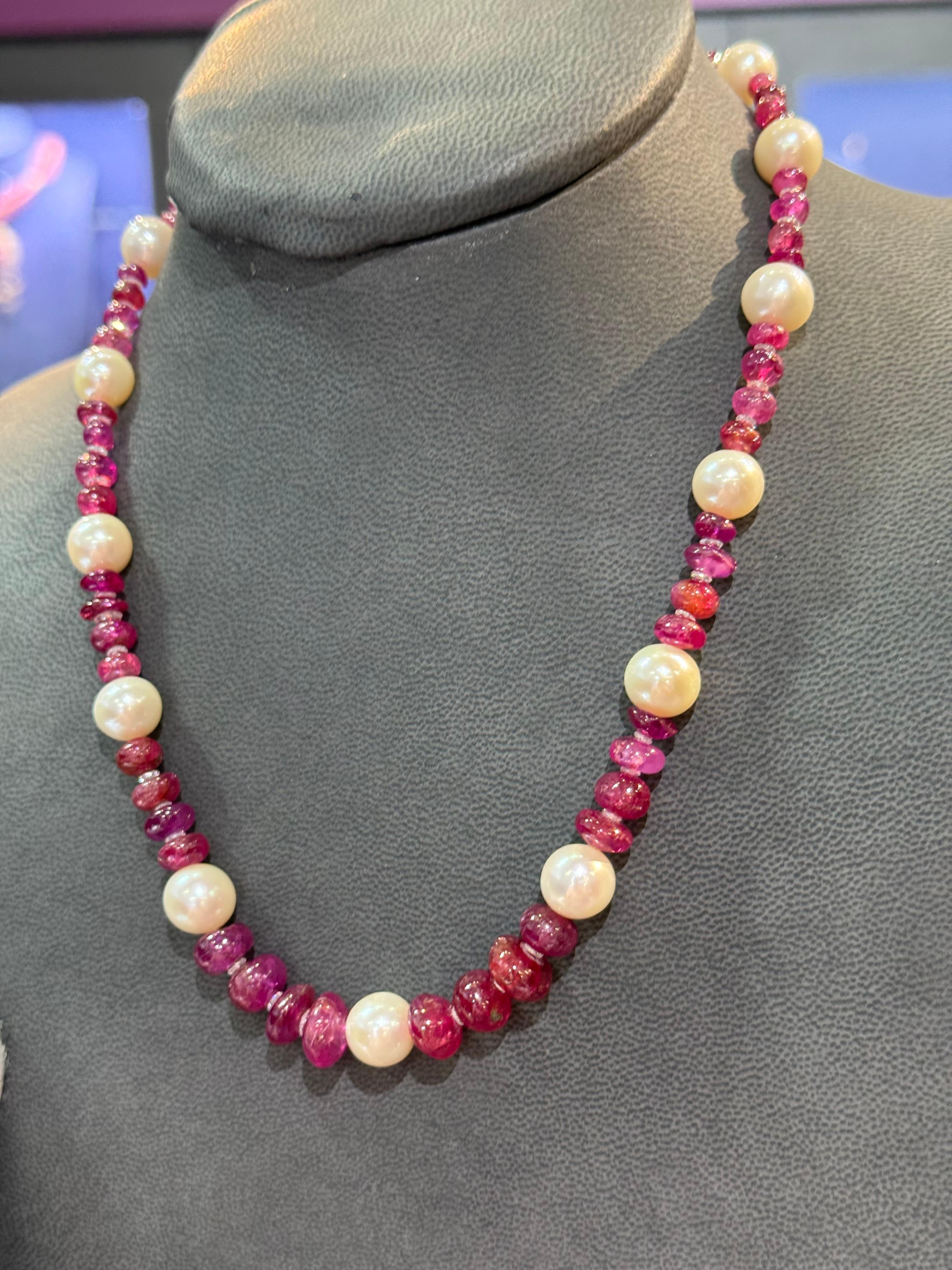 Natural Burmese Ruby Bead Pearl and Diamond Necklace For Sale 5
