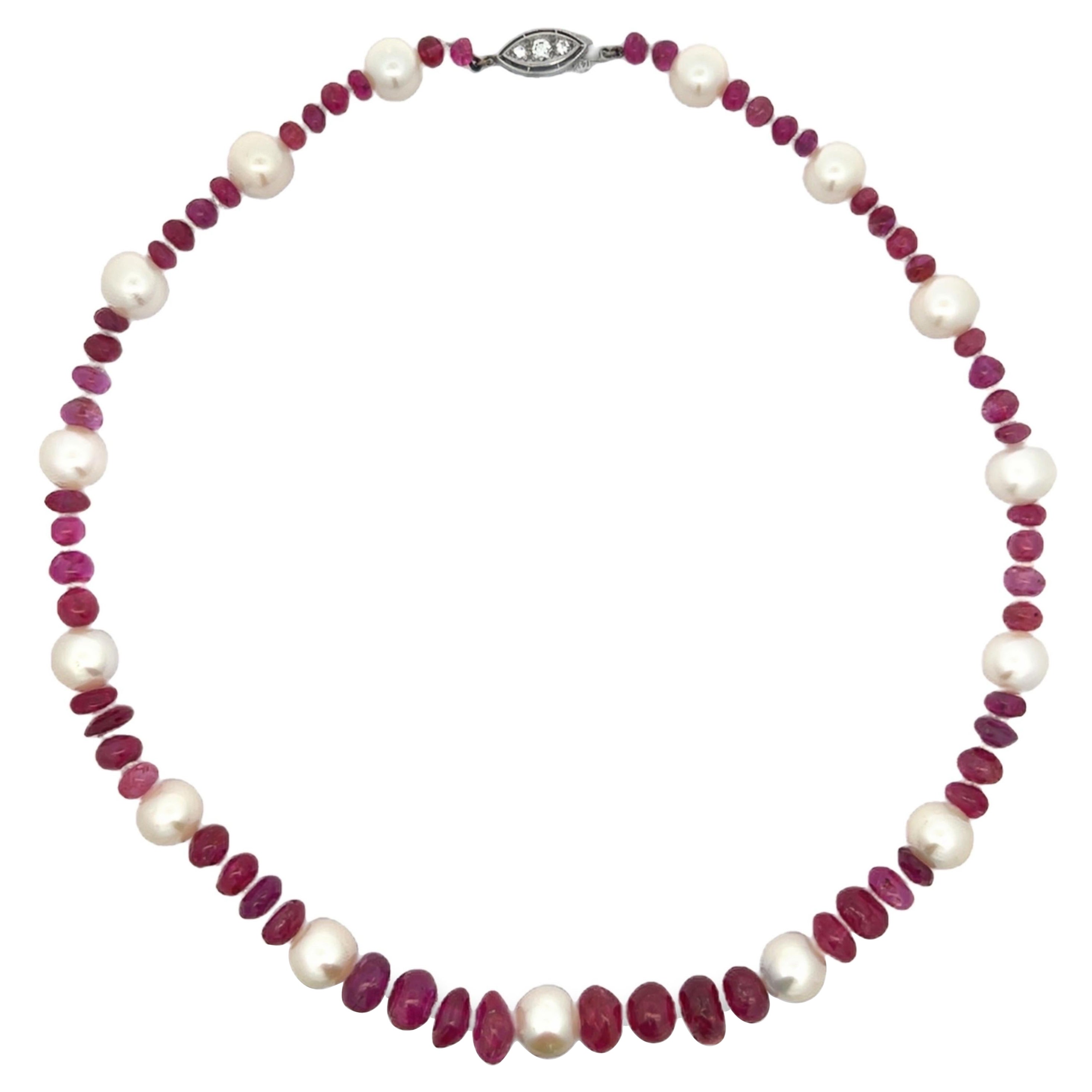 Natural Burmese Ruby Bead Pearl and Diamond Necklace For Sale