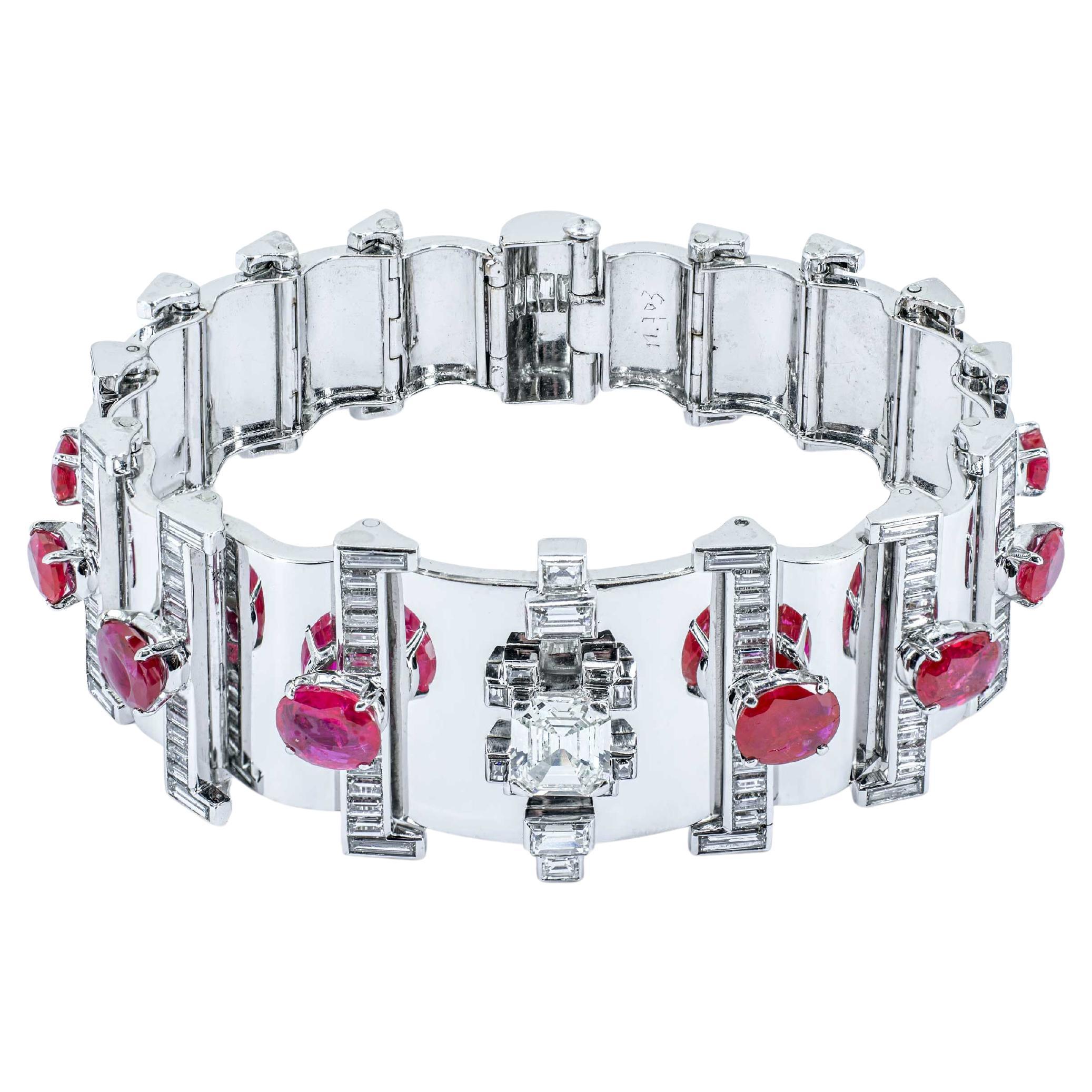 Natural Burmese Ruby Diamond Bracelet 18K White Gold Retro AGL