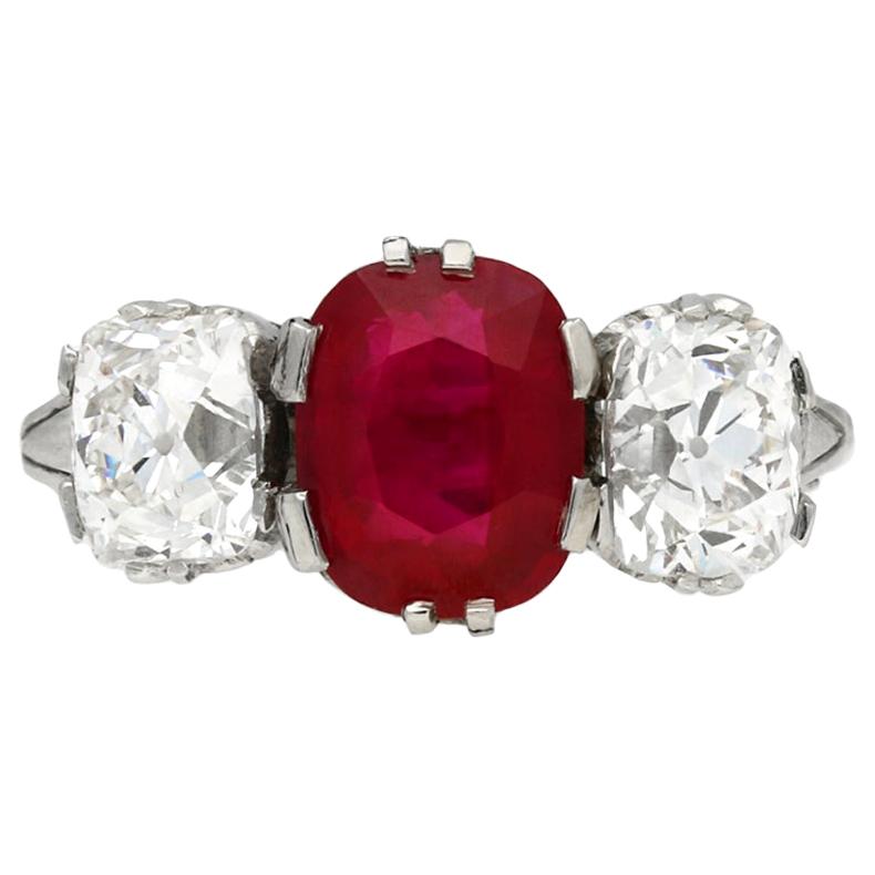 Natural Burmese Ruby Diamond Three-Stone Ring, circa 1910 For Sale