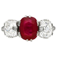 Natural Burmese Ruby Diamond Three-Stone Ring, circa 1910