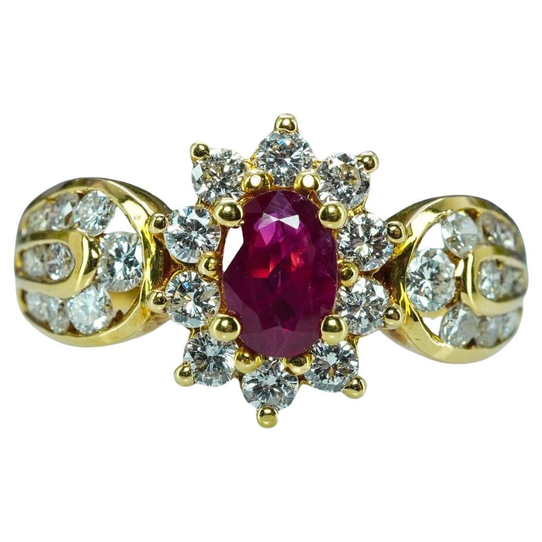 Natural Burmese Ruby Halo Diamond Ring 18K Gold Designer Signed Vintage