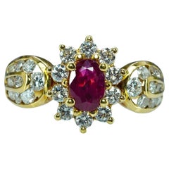 Natural Burmese Ruby Halo Diamond Ring 18K Gold Designer Signed Vintage