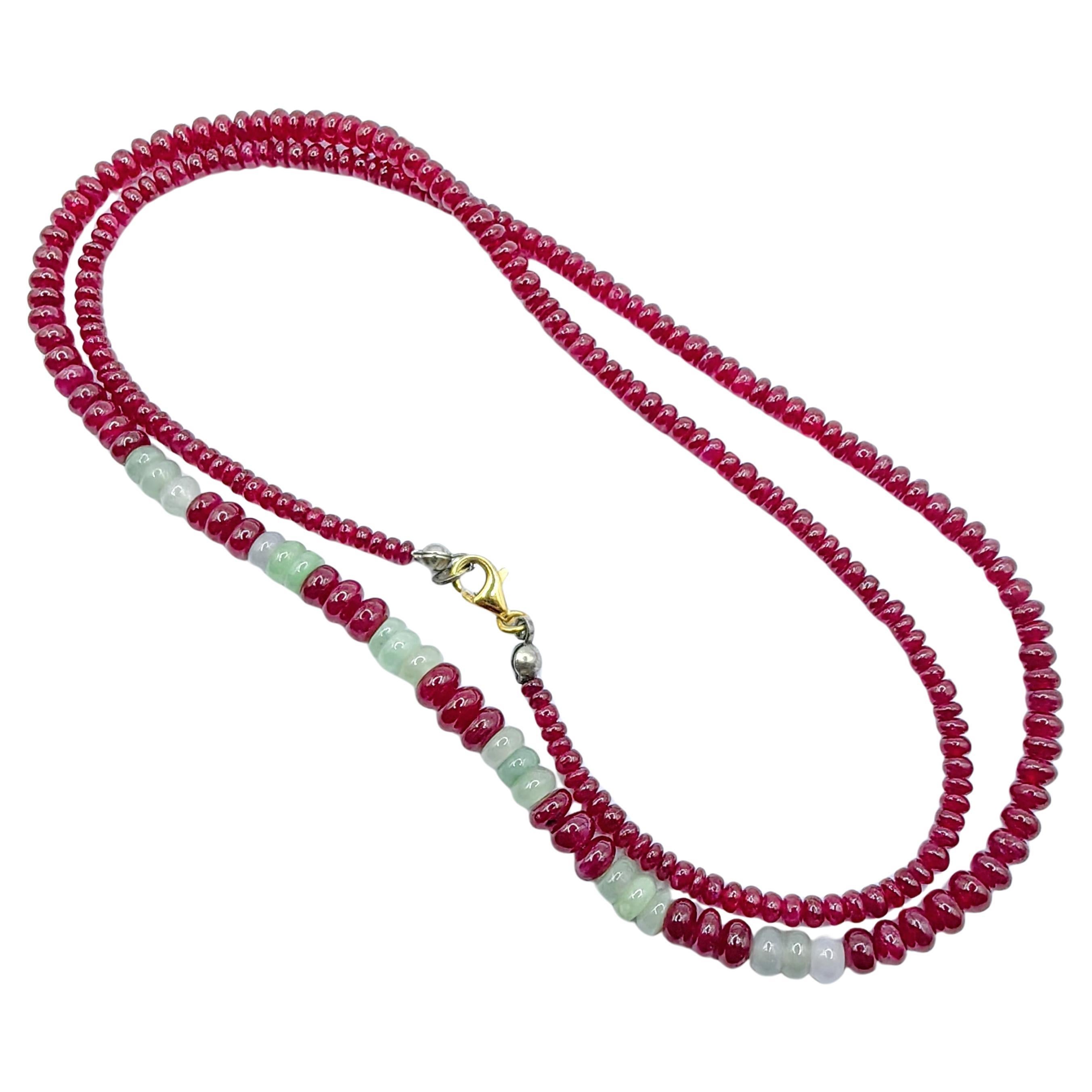 Natural Burmese Ruby & Jadeite Jade 24-Inch Beaded Necklace with 18K Gold Clasp