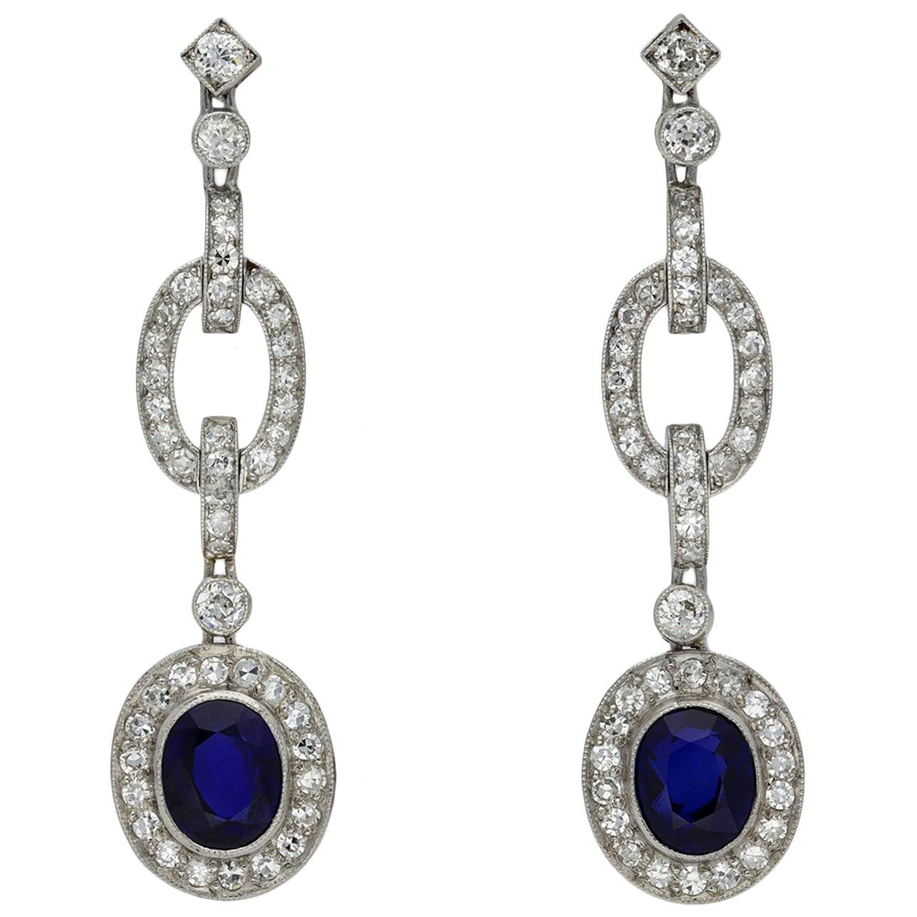 Natural Burmese Sapphire and Diamond Drop Earrings, circa 1925 For Sale