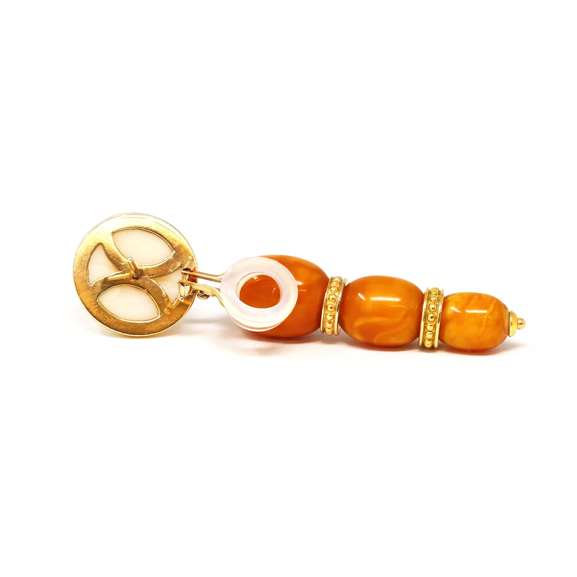 Modern Natural Butter-scotch Amber & White Coral earring in 14k