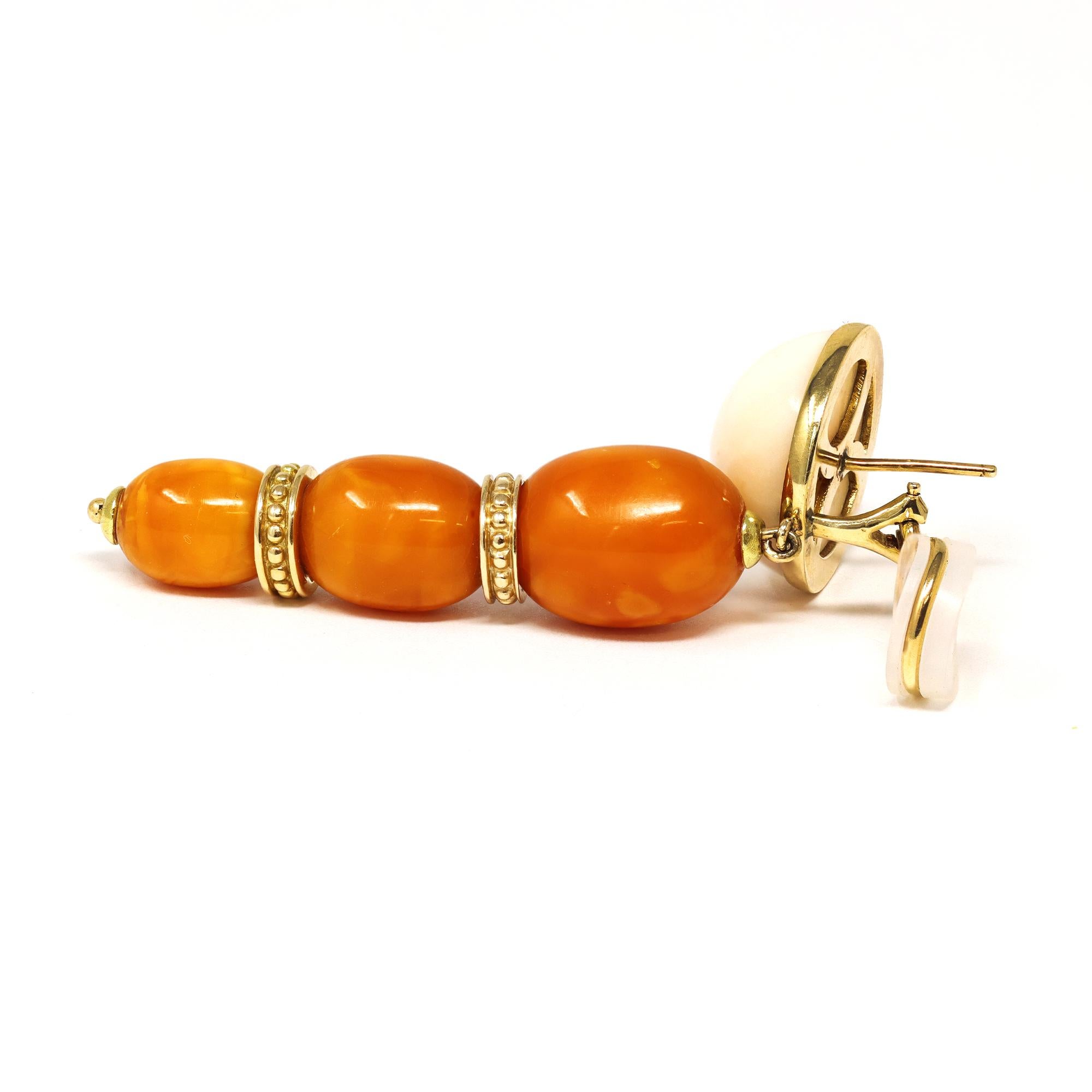 Bead Natural Butter-scotch Amber & White Coral earring in 14k