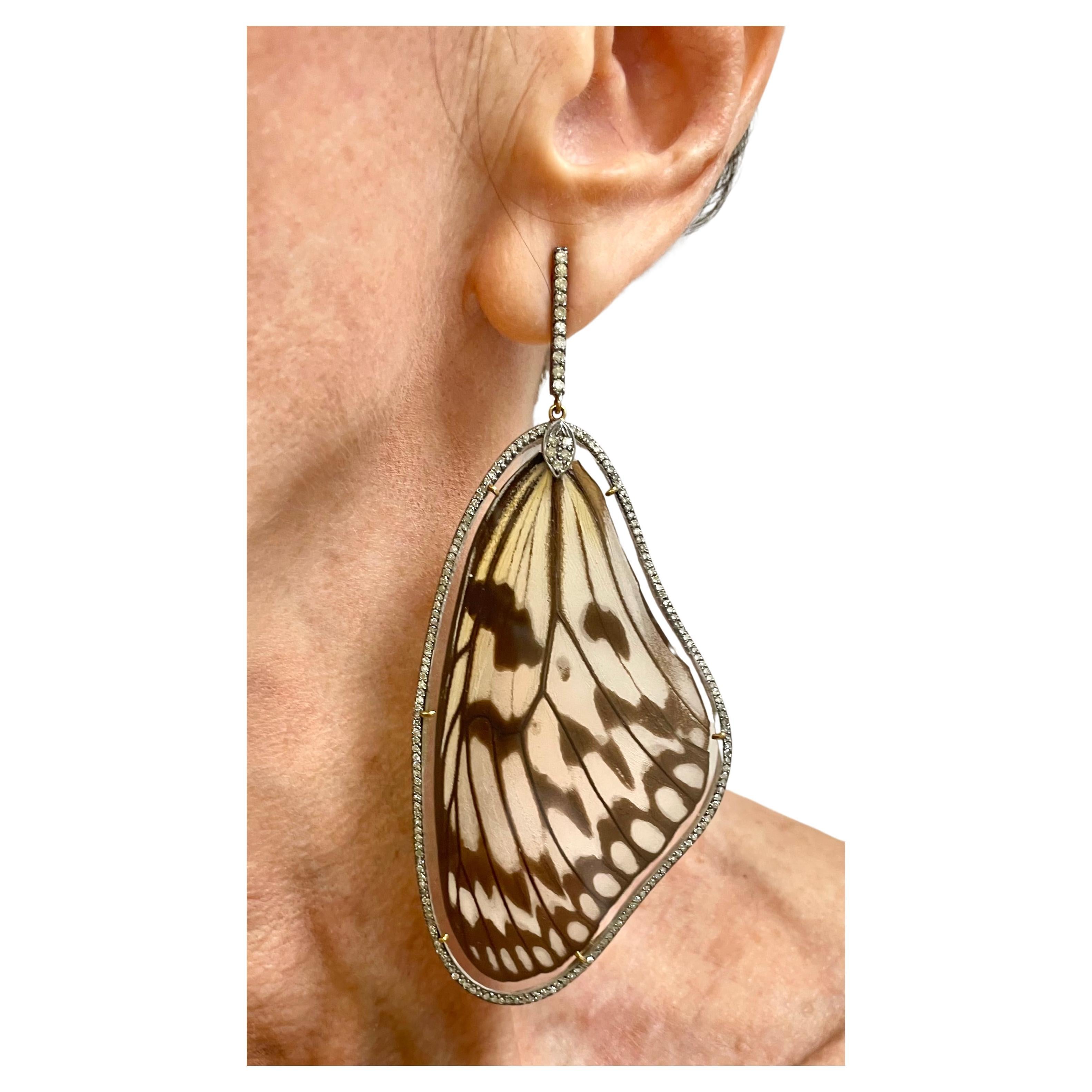 Artisan  Natural Butterfly Wings with Diamonds Paradizia Earrings For Sale