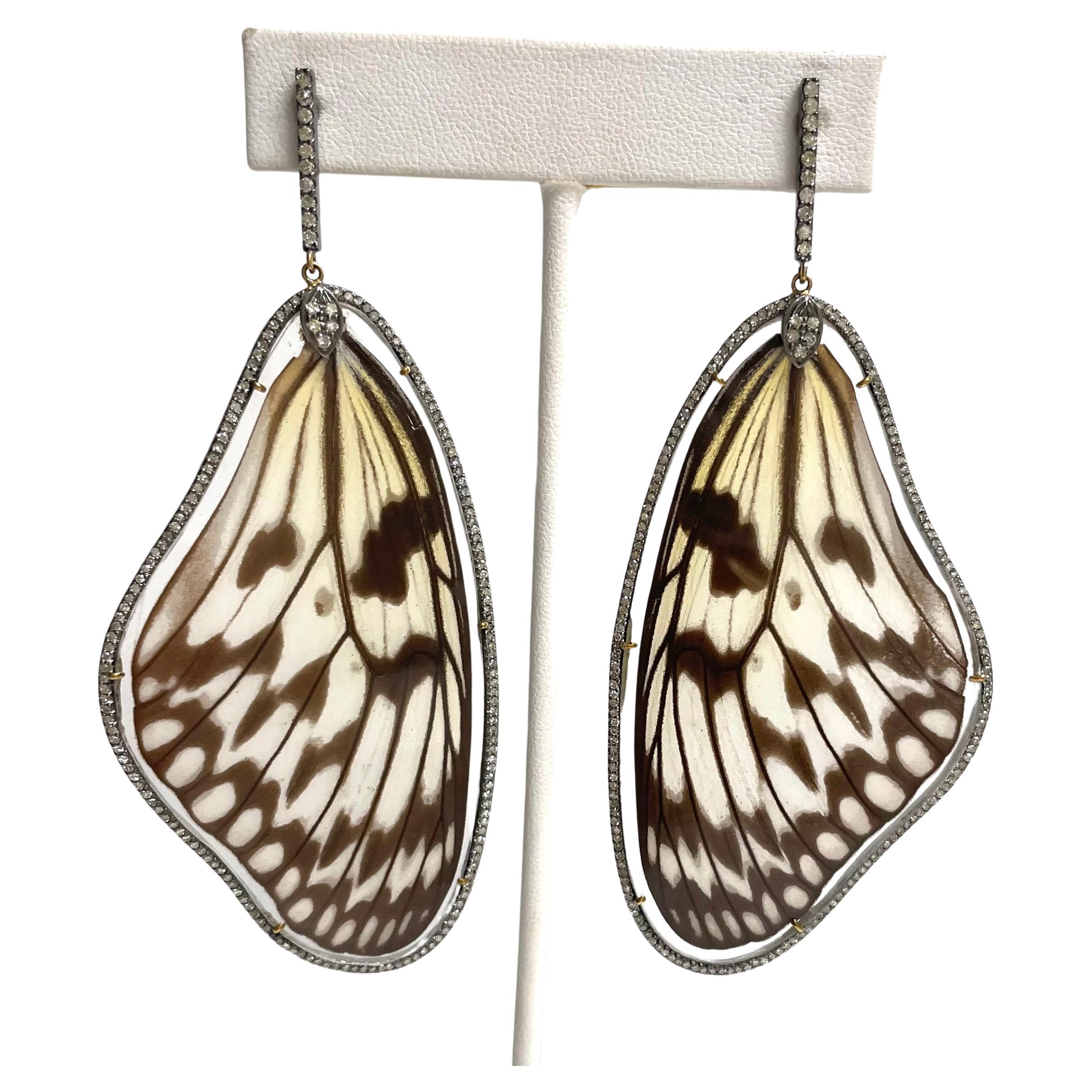  Natural Butterfly Wings with Diamonds Paradizia Earrings In New Condition For Sale In Laguna Beach, CA