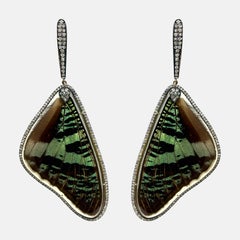 Natural Butterfly Wings with Pave Diamonds Earrings