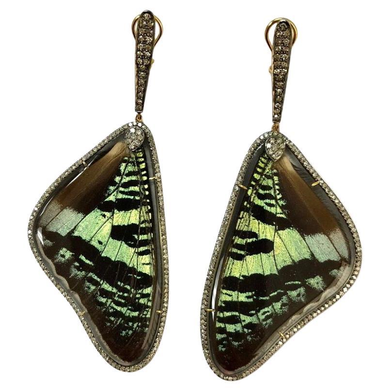 Natural Butterfly Wings with Pave Diamonds Earrings For Sale