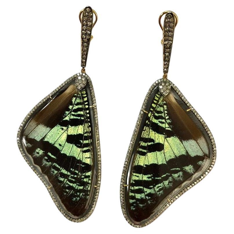 Natural Butterfly Wings with Pave Diamonds Earrings For Sale