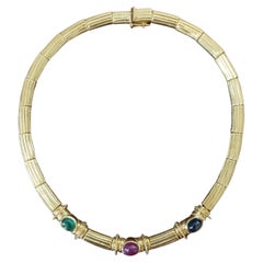 Natural Byzantine Ruby, Sapphire, Emerald Necklace in 14k Solid Yellow Gold